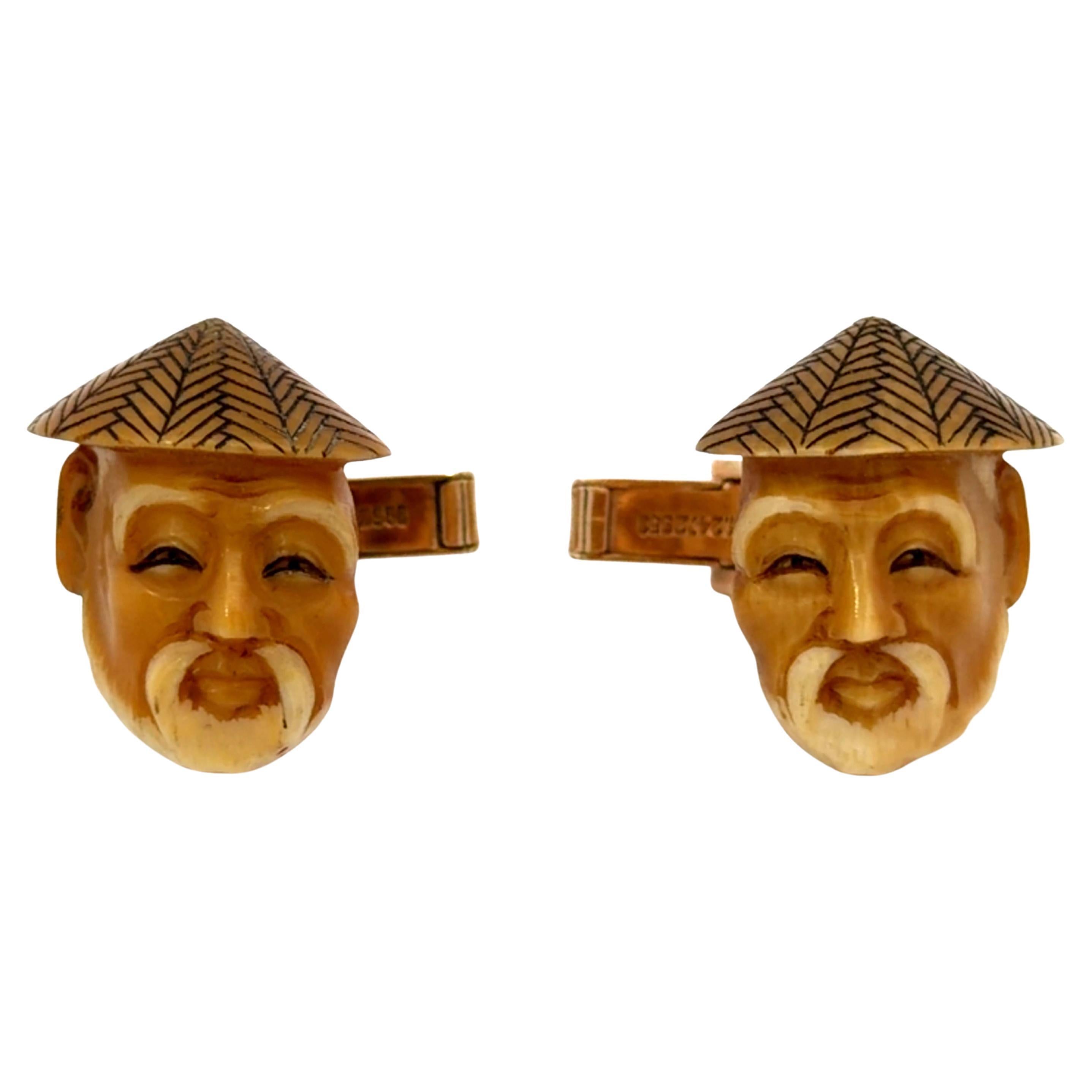 Japanese Man Carving Cuff Links 14K Yellow Gold