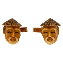 Japanese Man Carving Cuff Links 14K Yellow Gold
