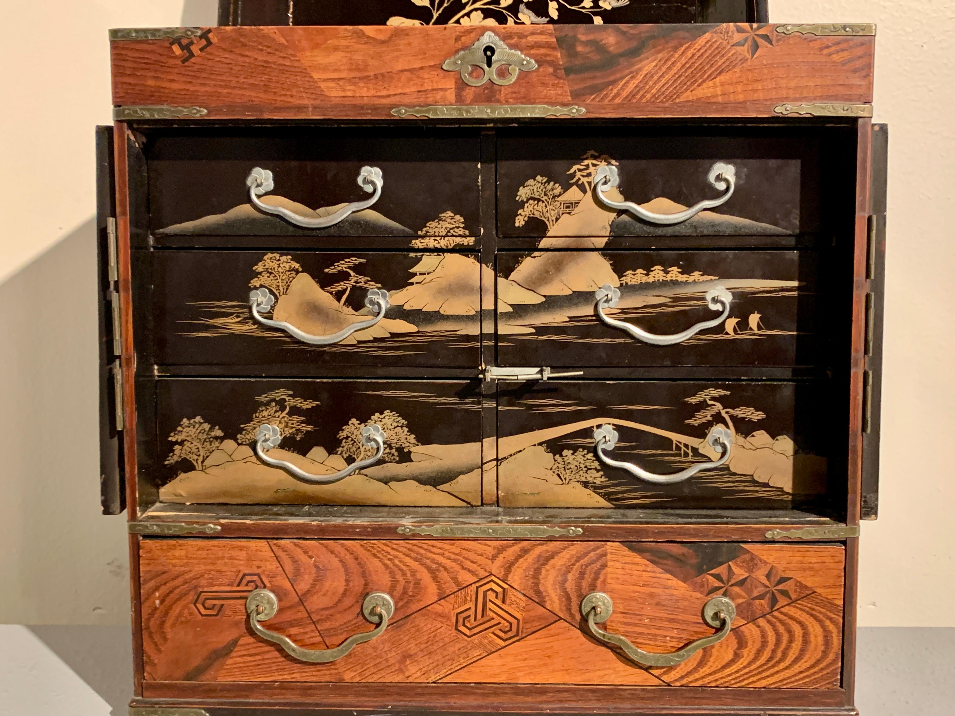 Wood Japanese Marquetry and Lacquer Jewelry Chest, Meiji Period, circa 1900, Japan For Sale