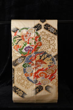 Japanese Maru Obi with Gold Embroidered Dragons – Silk Brocade, Taisho to Showa