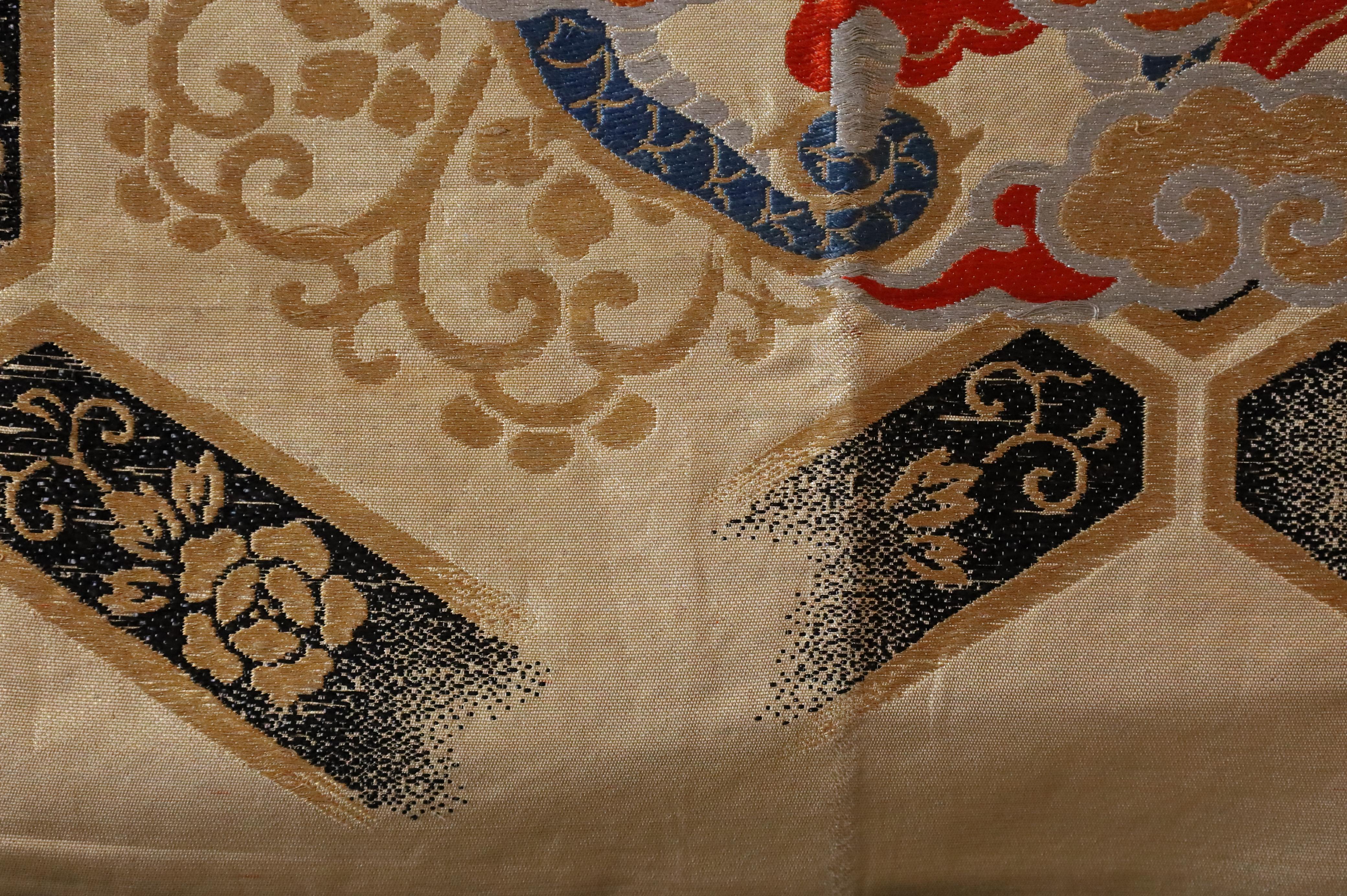 Cotton Japanese Maru Obi with Gold Embroidered Dragons – Silk Brocade, Taisho to Showa For Sale