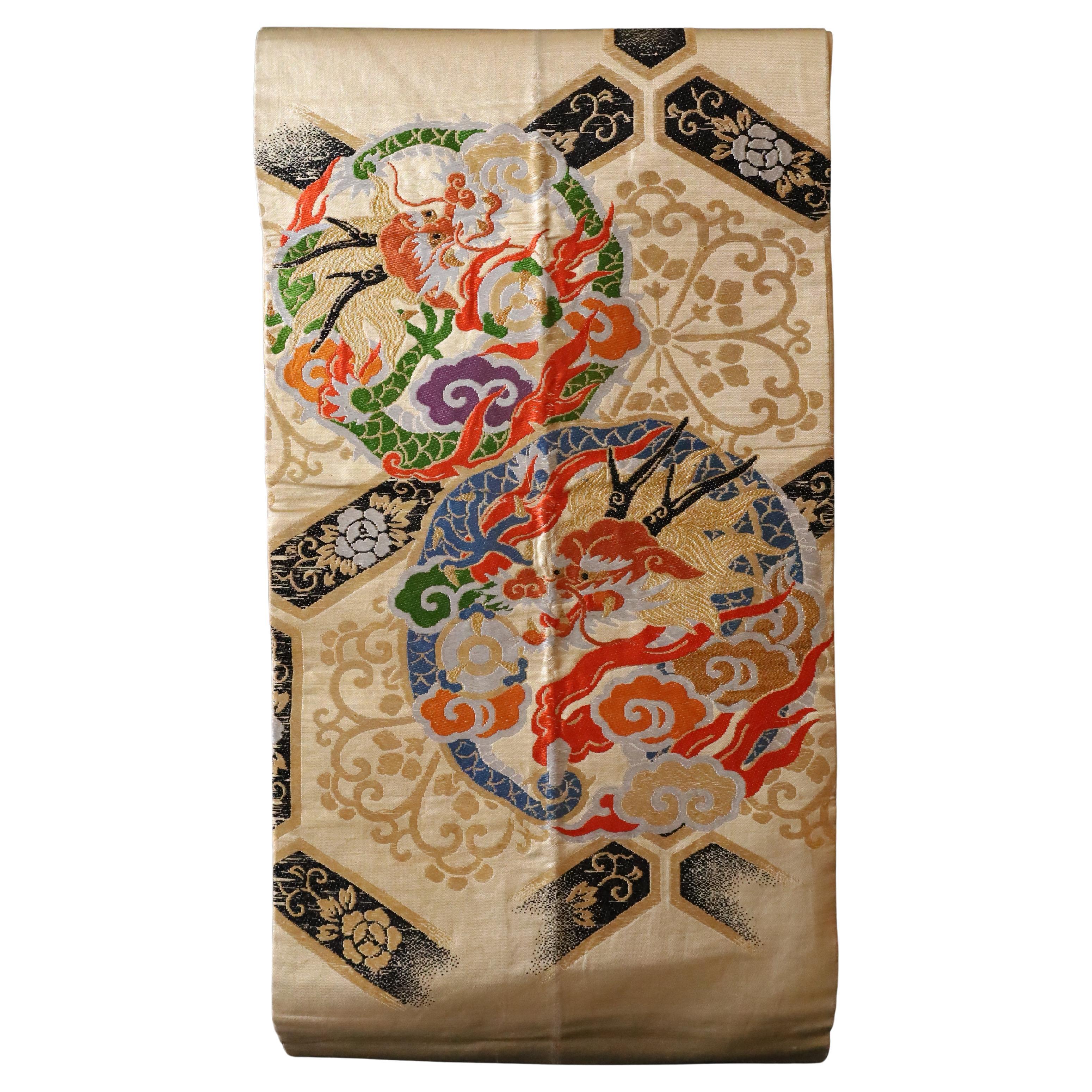 Japanese Maru Obi with Gold Embroidered Dragons – Silk Brocade, Taisho to Showa For Sale