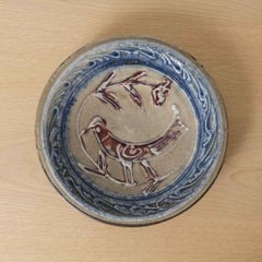 Japanese Mashiko Pottery Plate with Mingei Bird Motif, 1950s