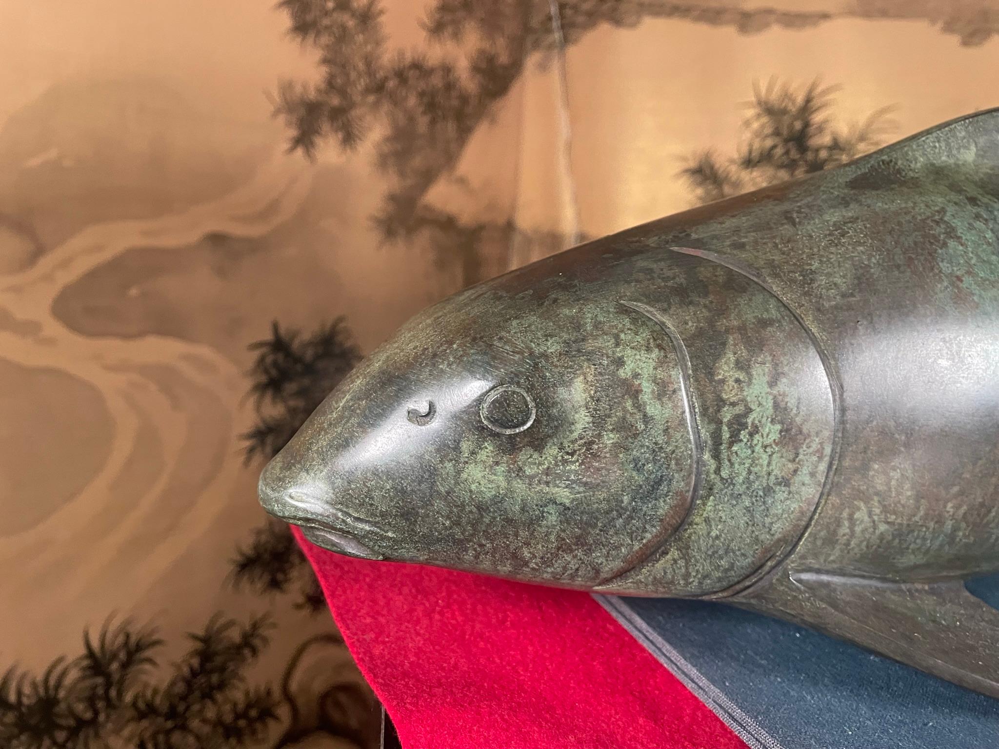 Showa Japanese Massive Bronze Calming Trophy Koi Fish, Signed For Sale