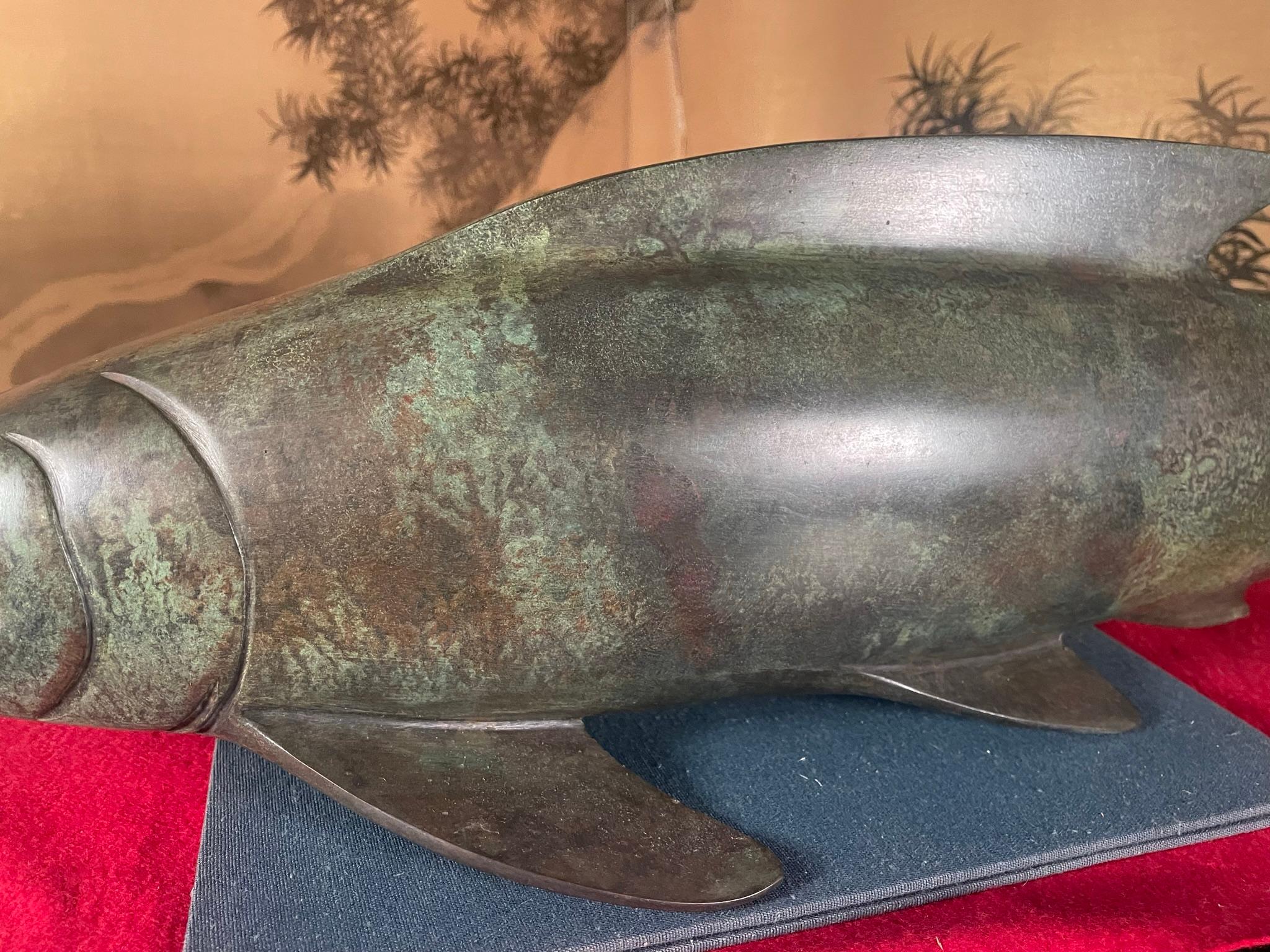 Cast Japanese Massive Bronze Calming Trophy Koi Fish, Signed For Sale