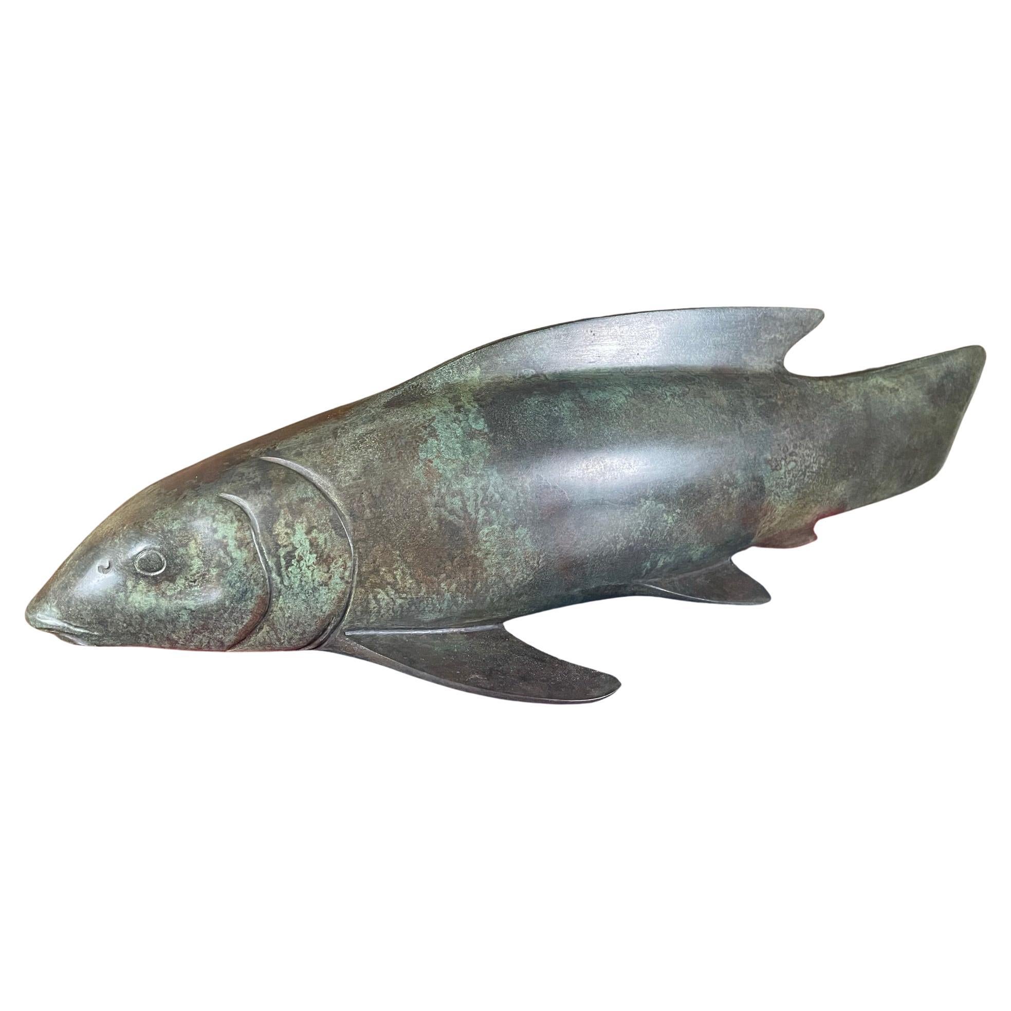 Japanese Massive Bronze Calming Trophy Koi Fish, Signed