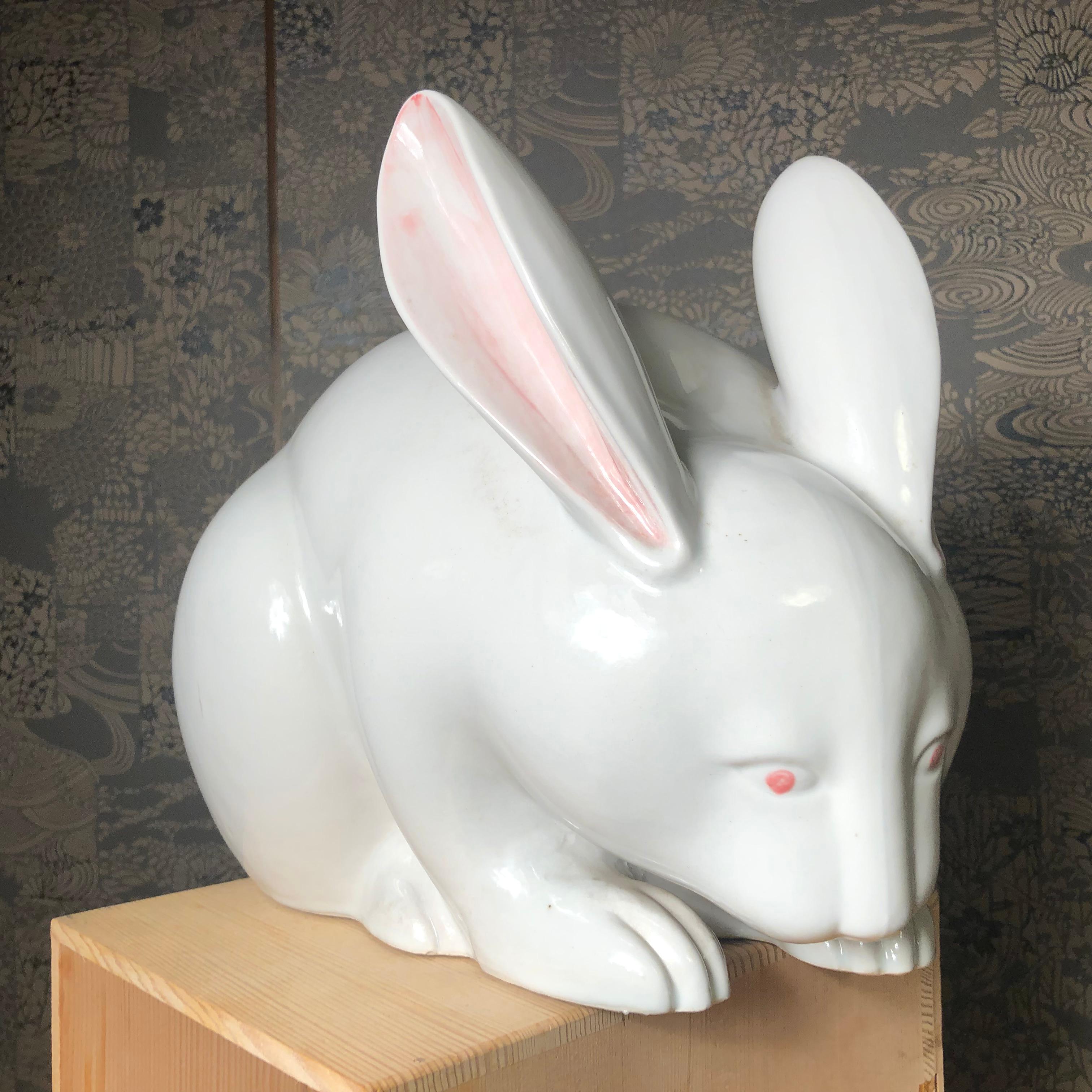 Showa Japanese Massive Pure White Rabbit Sculpture, Long, Signed Kutani, 1940s