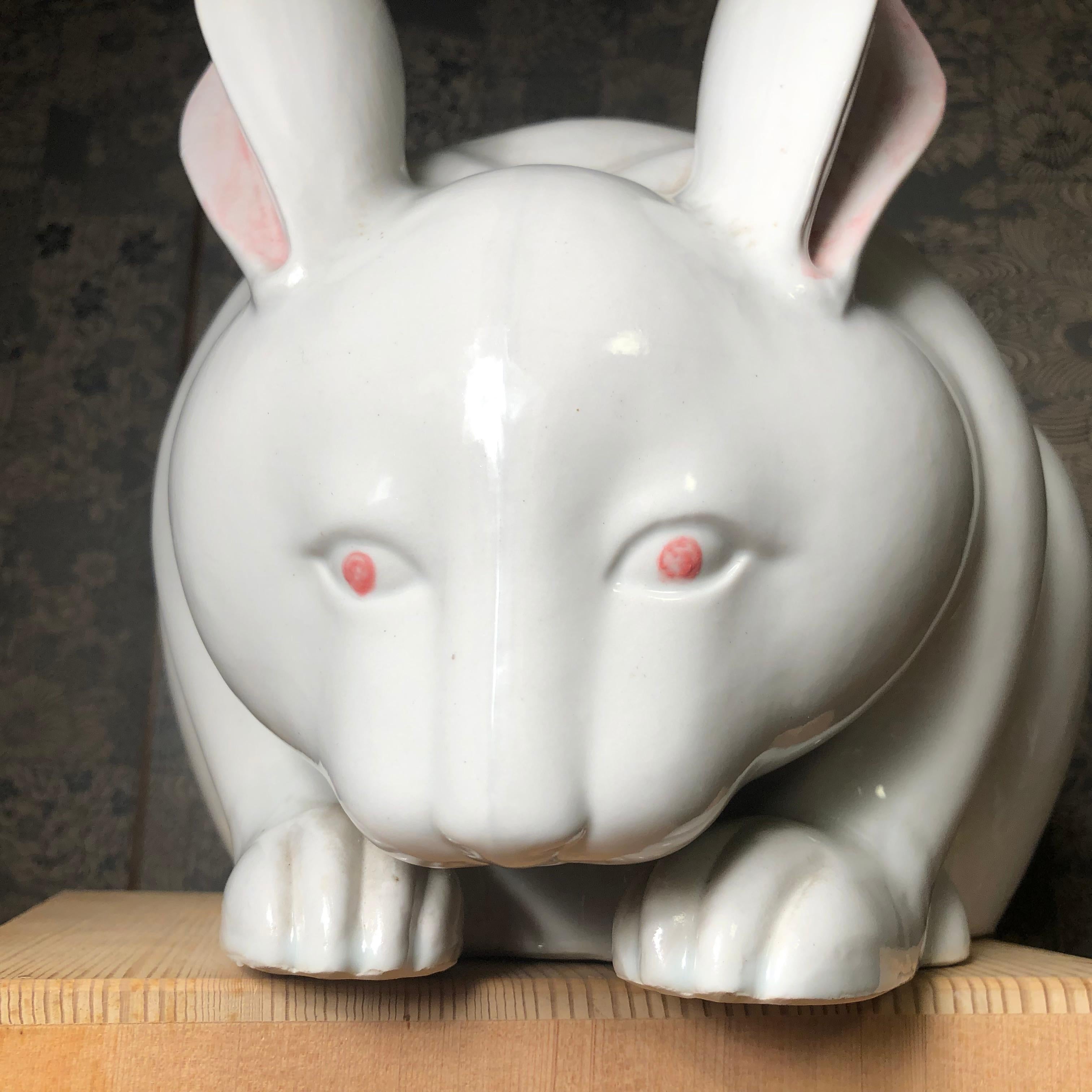 Hand-Crafted Japanese Massive Pure White Rabbit Sculpture, Long, Signed Kutani, 1940s