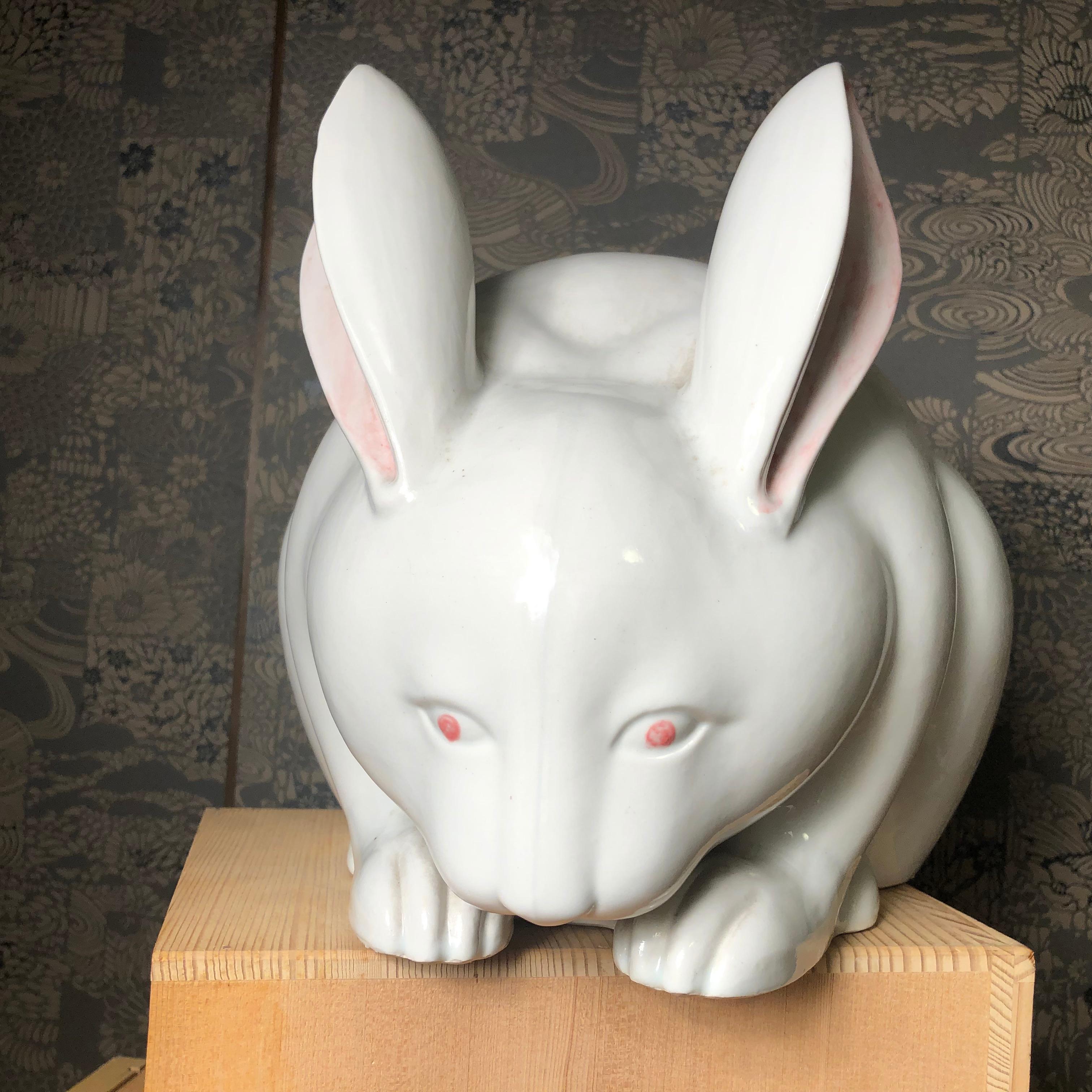 Japanese Massive Pure White Rabbit Sculpture, Long, Signed Kutani, 1940s 1