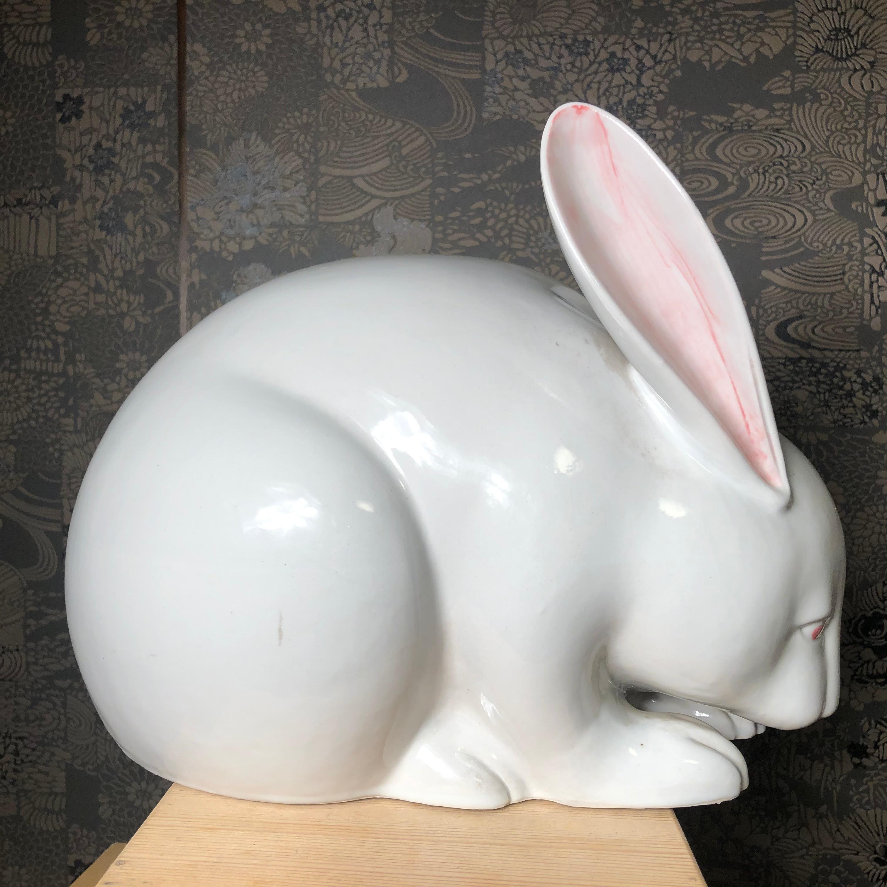 Japanese Massive Pure White Rabbit Sculpture, Long, Signed Kutani, 1940s 2