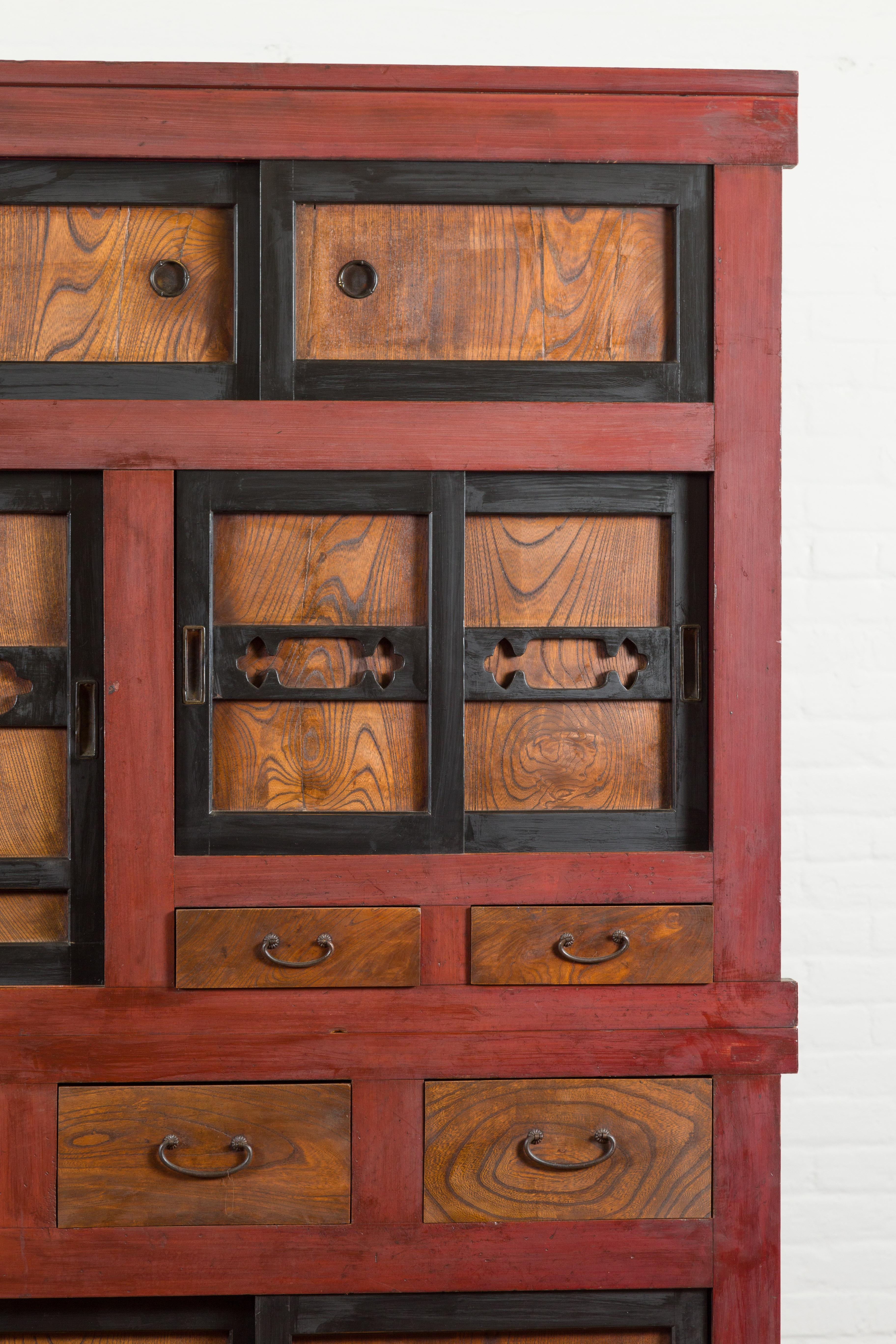 Japanese Meiji 1900s Kitchen Cabinet with Cinnabar, Black and Natural Patina 6
