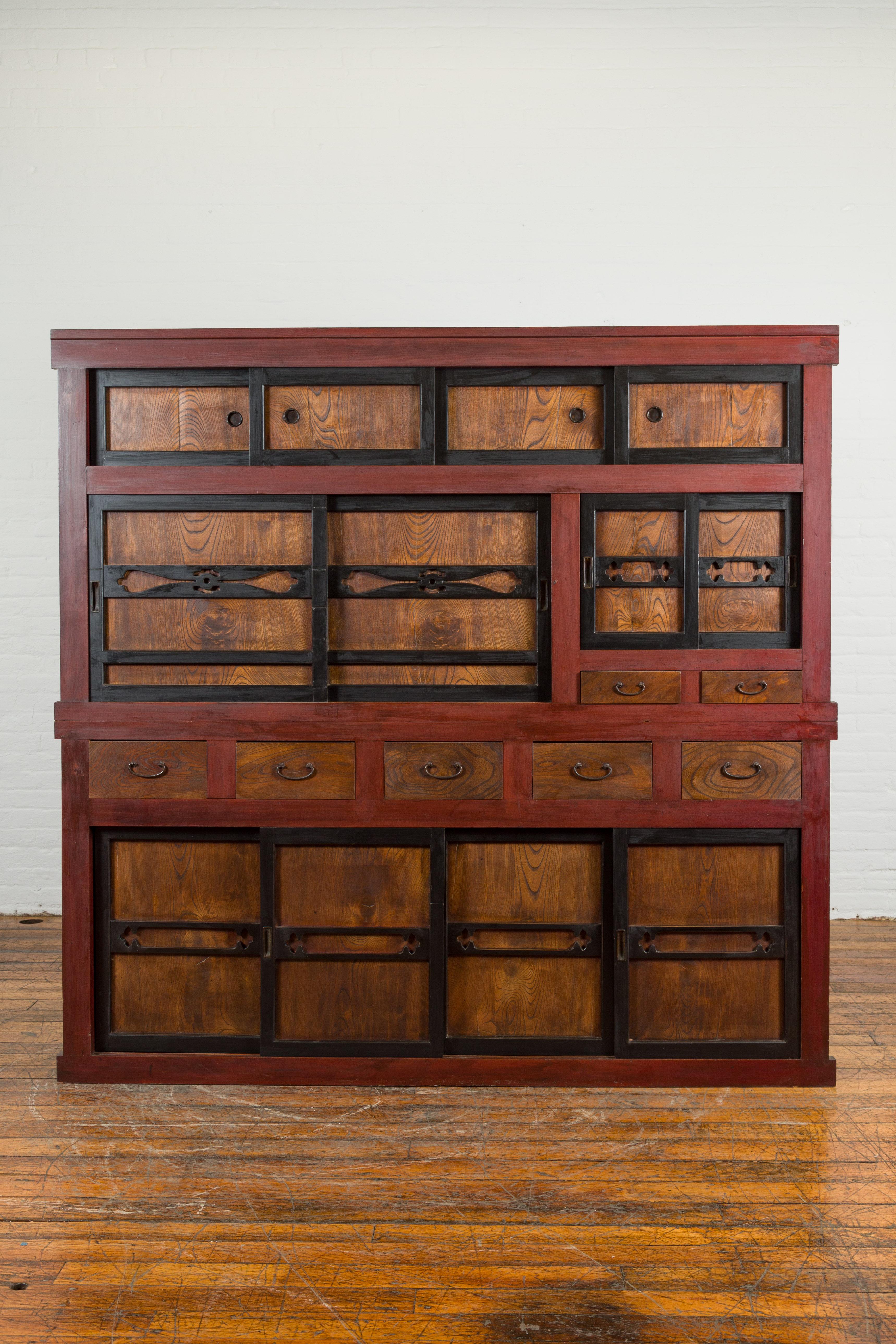 20th Century Japanese Meiji 1900s Kitchen Cabinet with Cinnabar, Black and Natural Patina