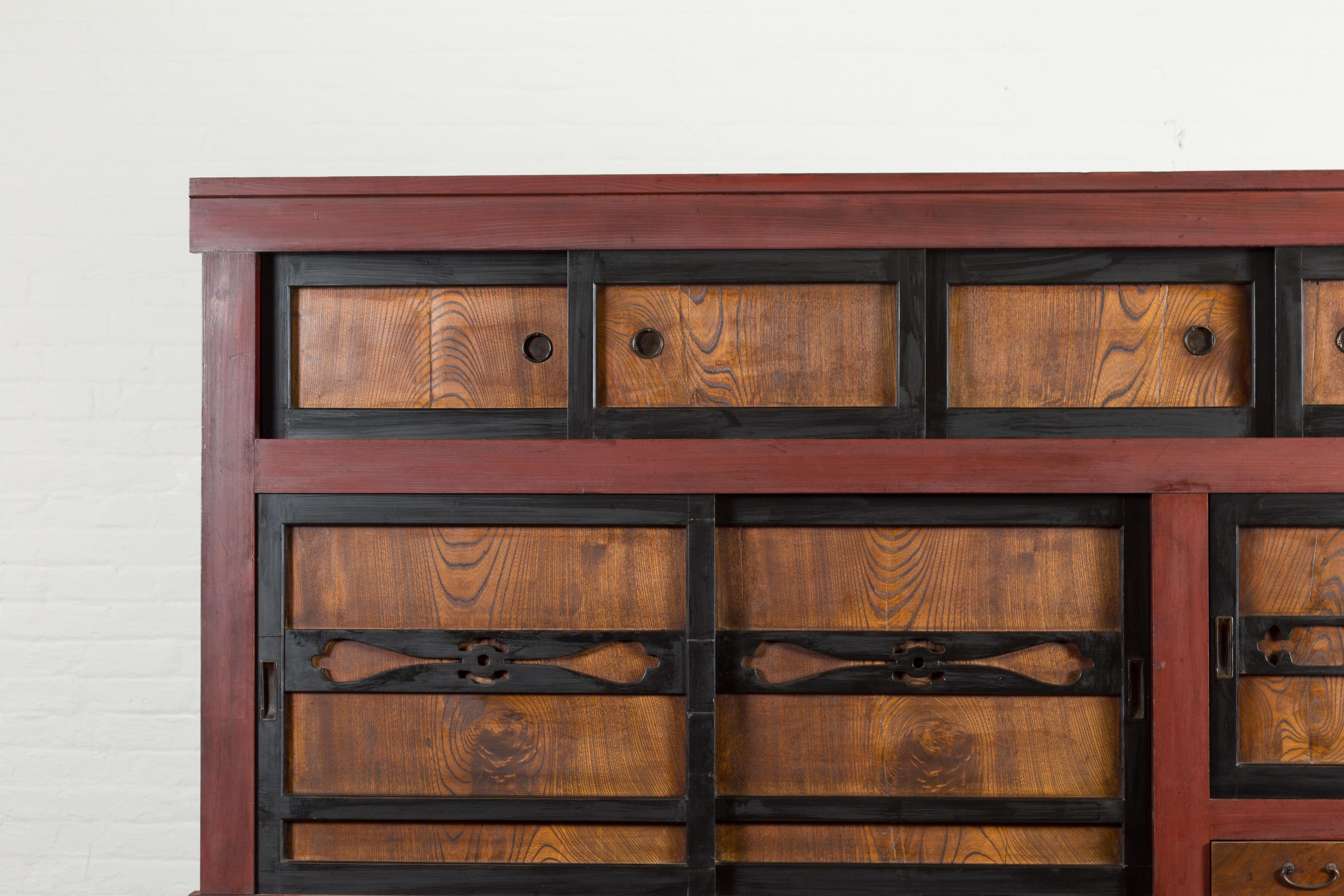 Wood Japanese Meiji 1900s Kitchen Cabinet with Cinnabar, Black and Natural Patina