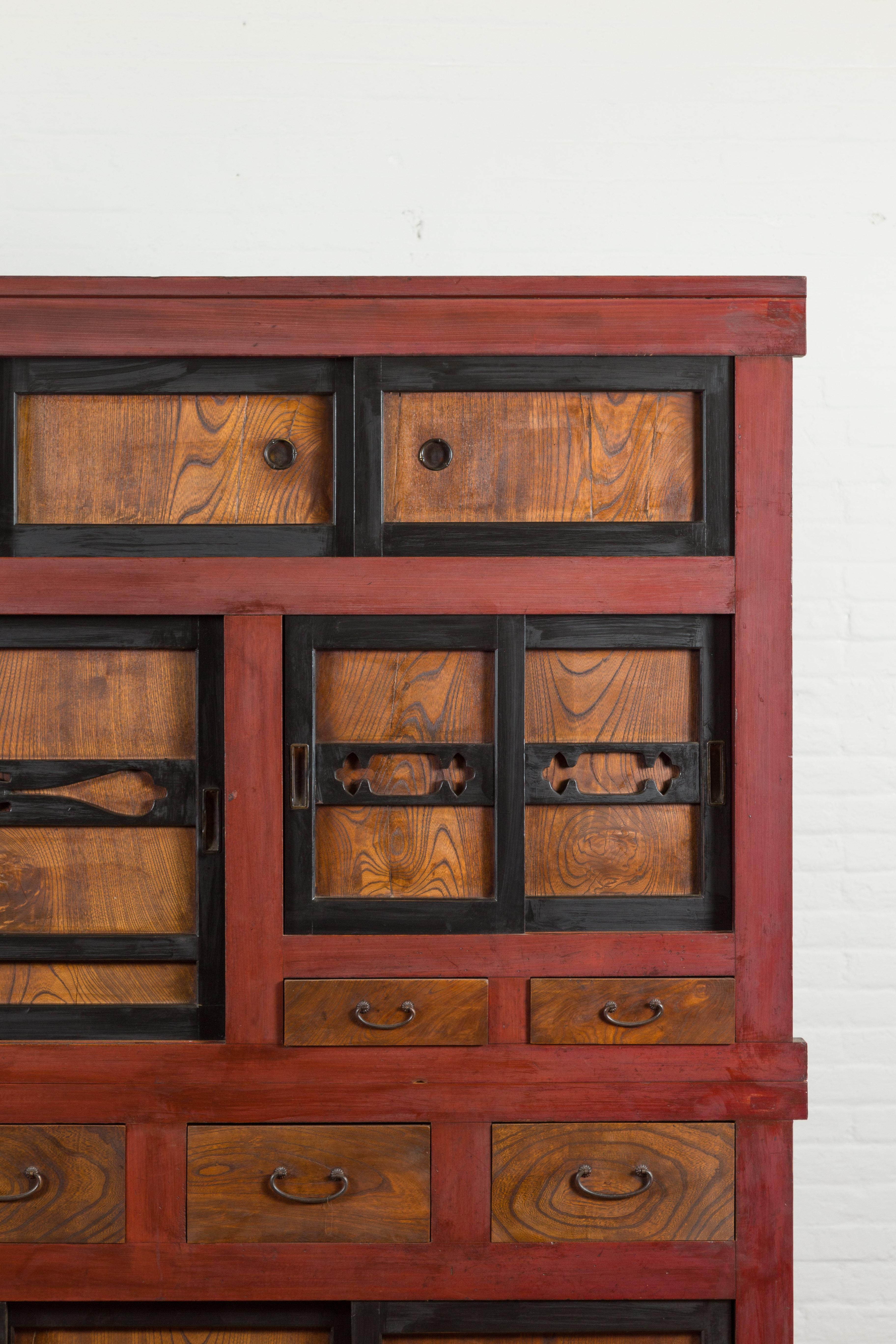 Japanese Meiji 1900s Kitchen Cabinet with Cinnabar, Black and Natural Patina 1