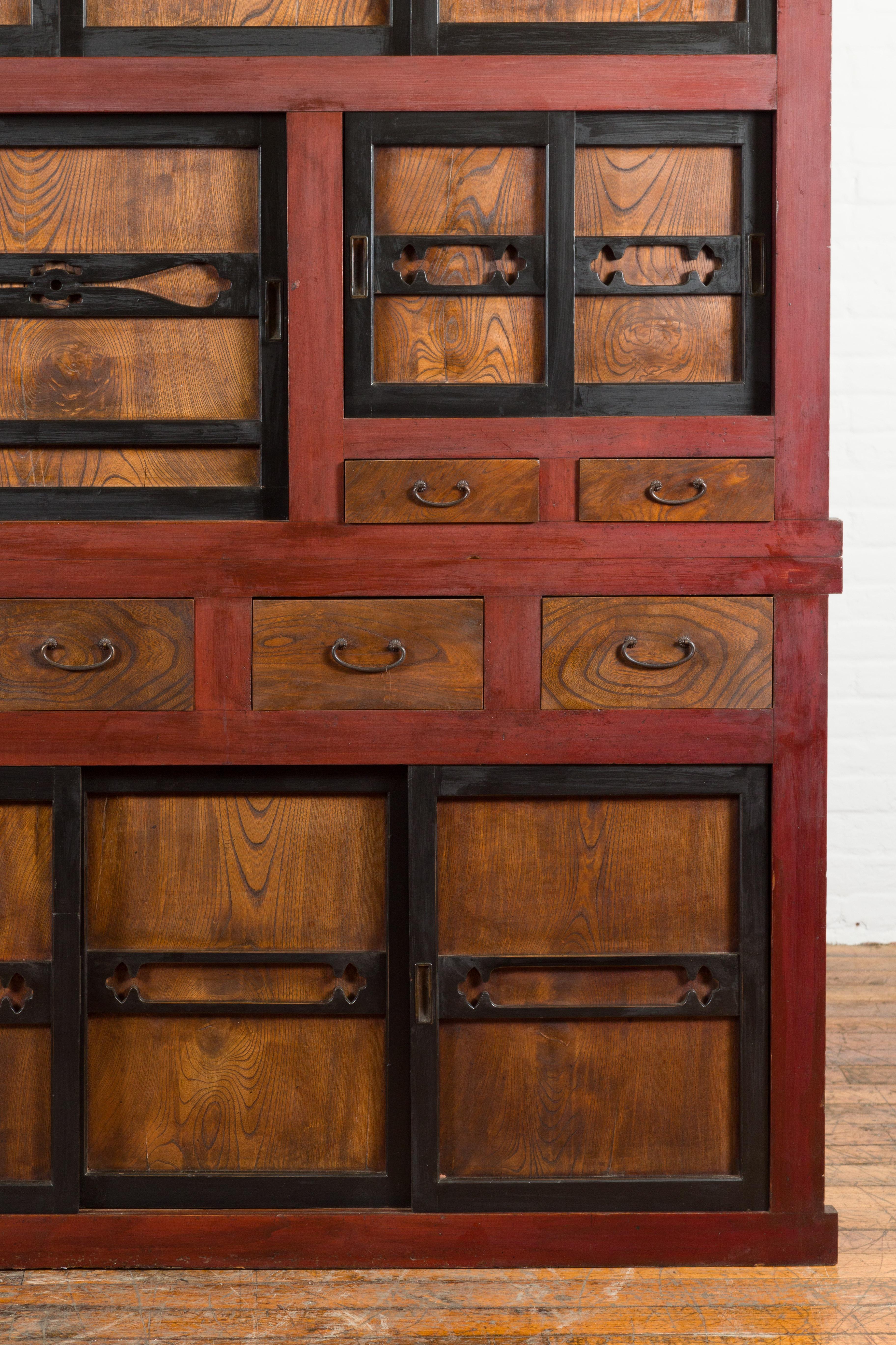 Japanese Meiji 1900s Kitchen Cabinet with Cinnabar, Black and Natural Patina 3