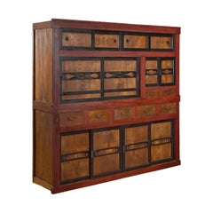 Japanese Meiji 1900s Kitchen Cabinet with Cinnabar, Black and Natural Patina