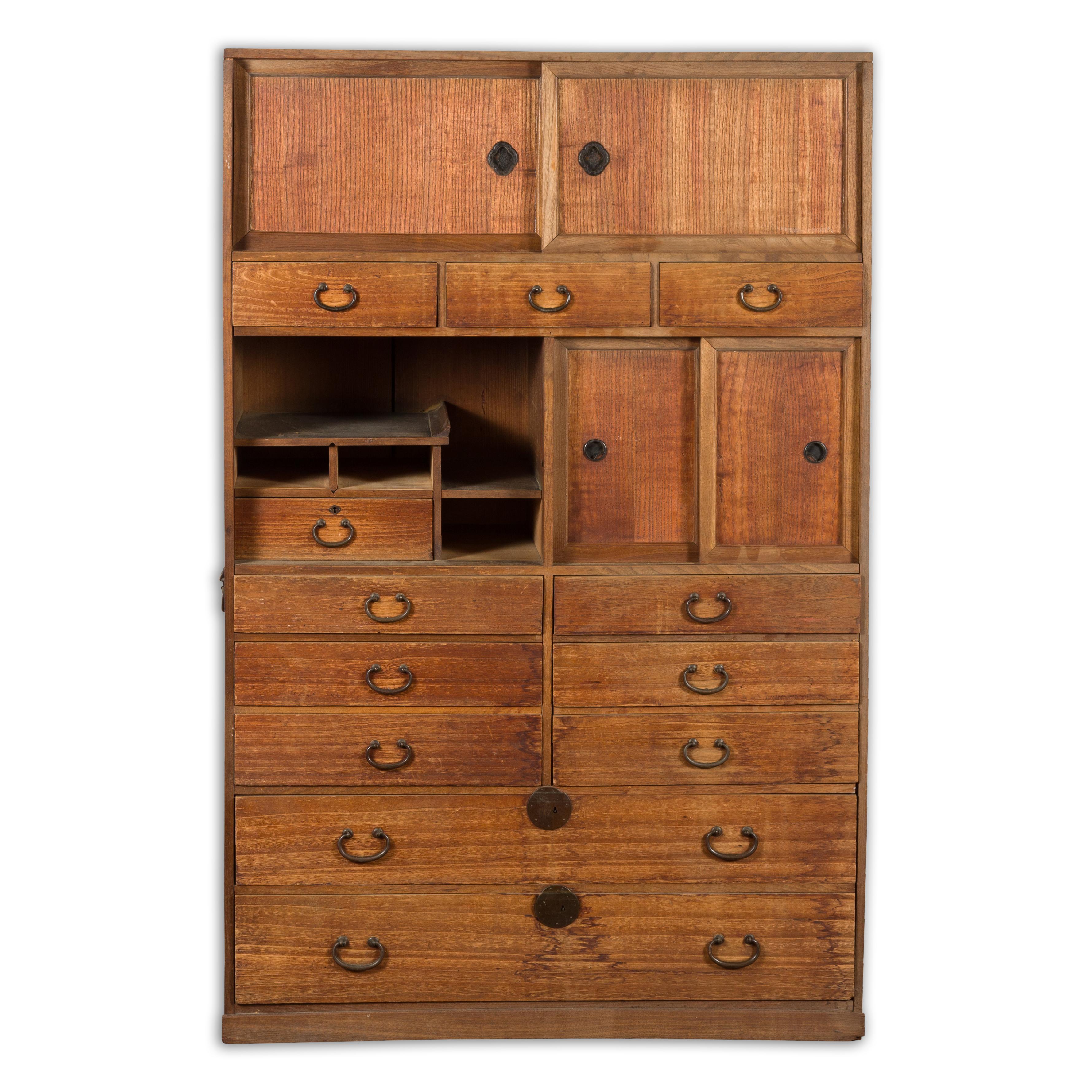Japanese Meiji 19th Century Cha Tansu Kiri Wood Tea Cabinet with Doors, Drawers For Sale 7