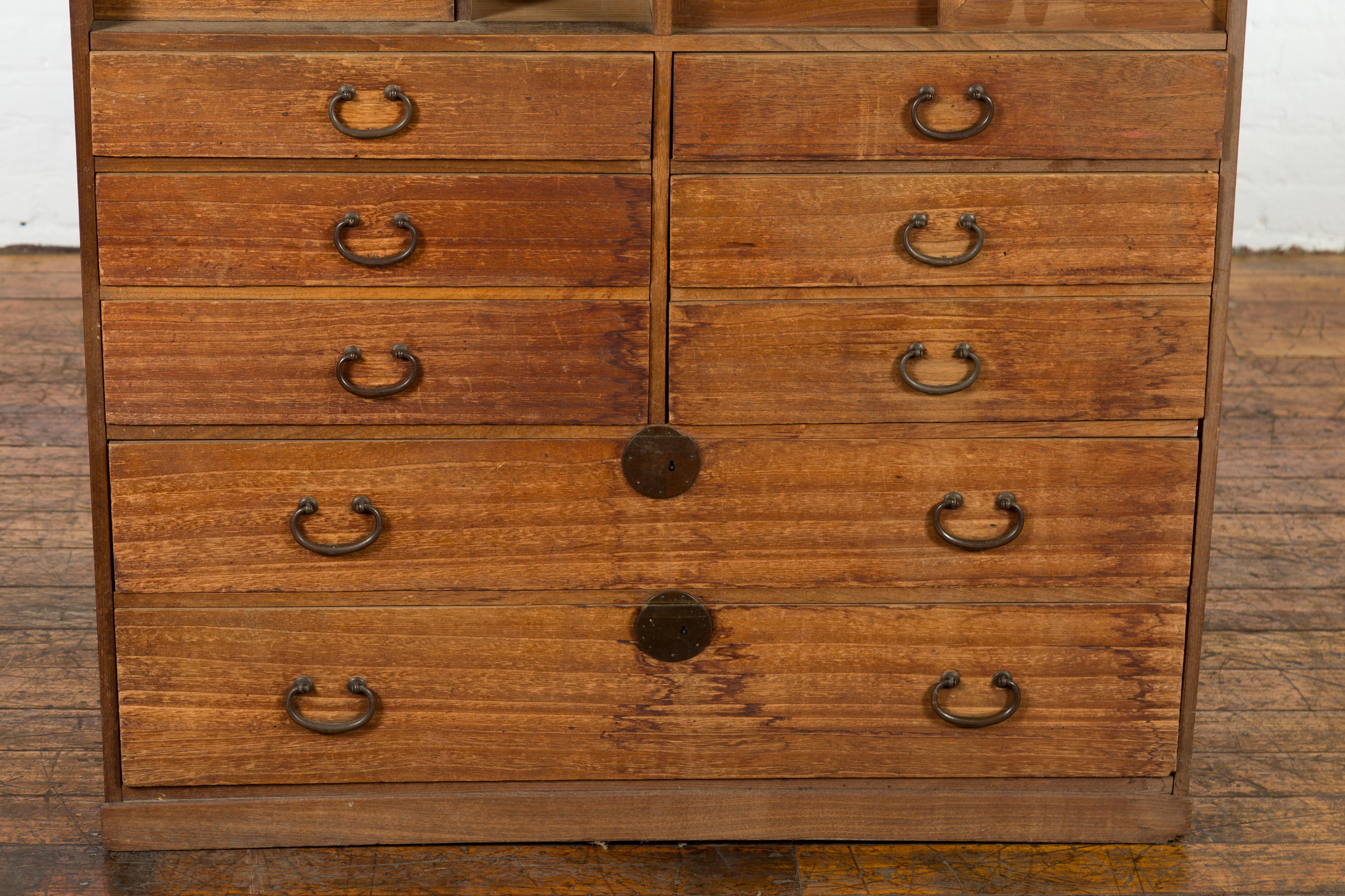 Brass Japanese Meiji 19th Century Cha Tansu Kiri Wood Tea Cabinet with Doors, Drawers For Sale
