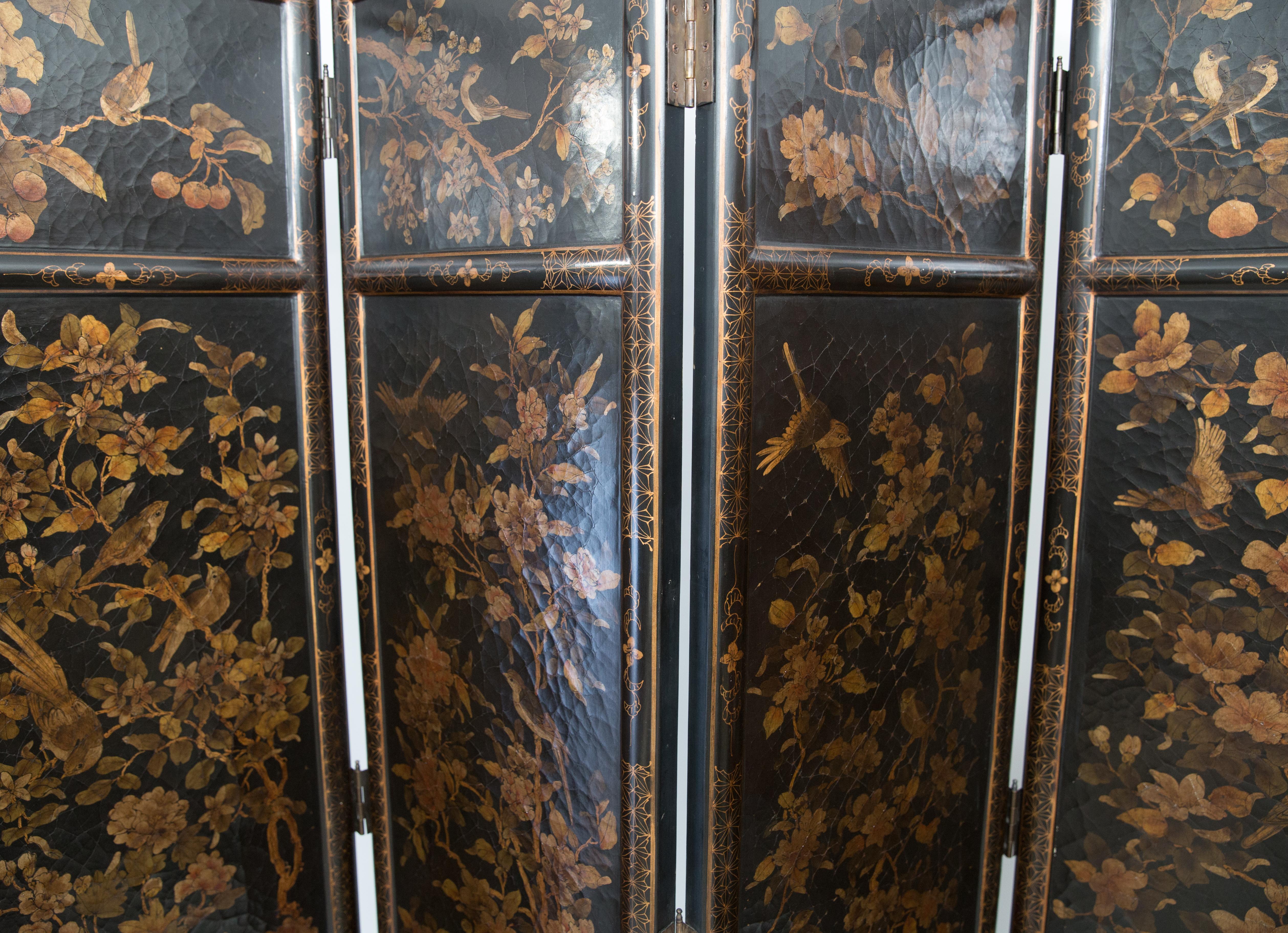 Offered is a Meiji Japanese screen that was created using paintings were likely quite older than the screen itself, which dates circa 1910. The canvas panels mounted within the screen are finely hand painted on canvas?(we cannot see backs without