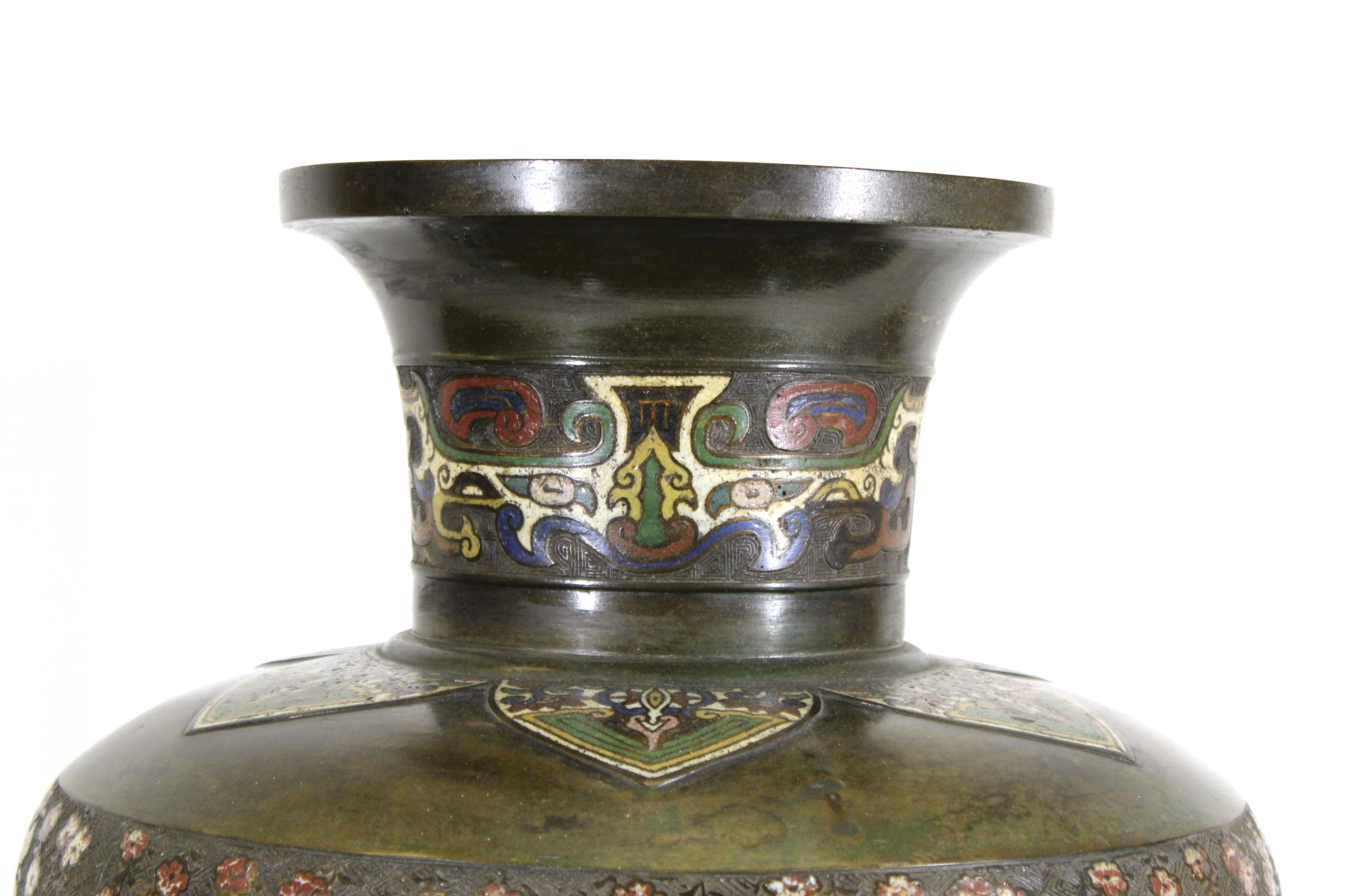 Enameled Japanese Meiji Archaic Chinese Revival Bronze Vase with Champlevé Enamel Scenes