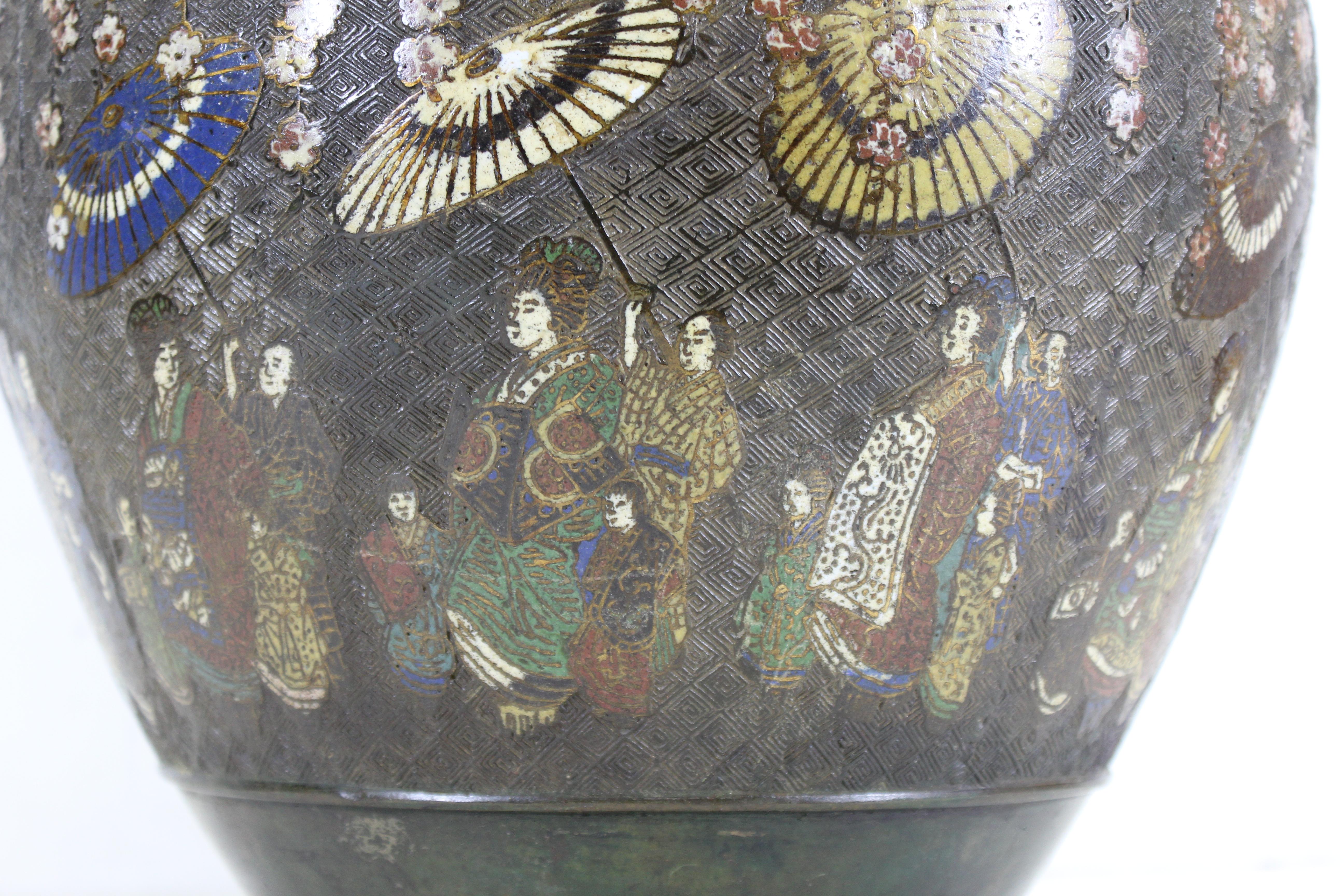 Japanese Meiji Archaic Chinese Revival Bronze Vase with Champlevé Enamel Scenes 1