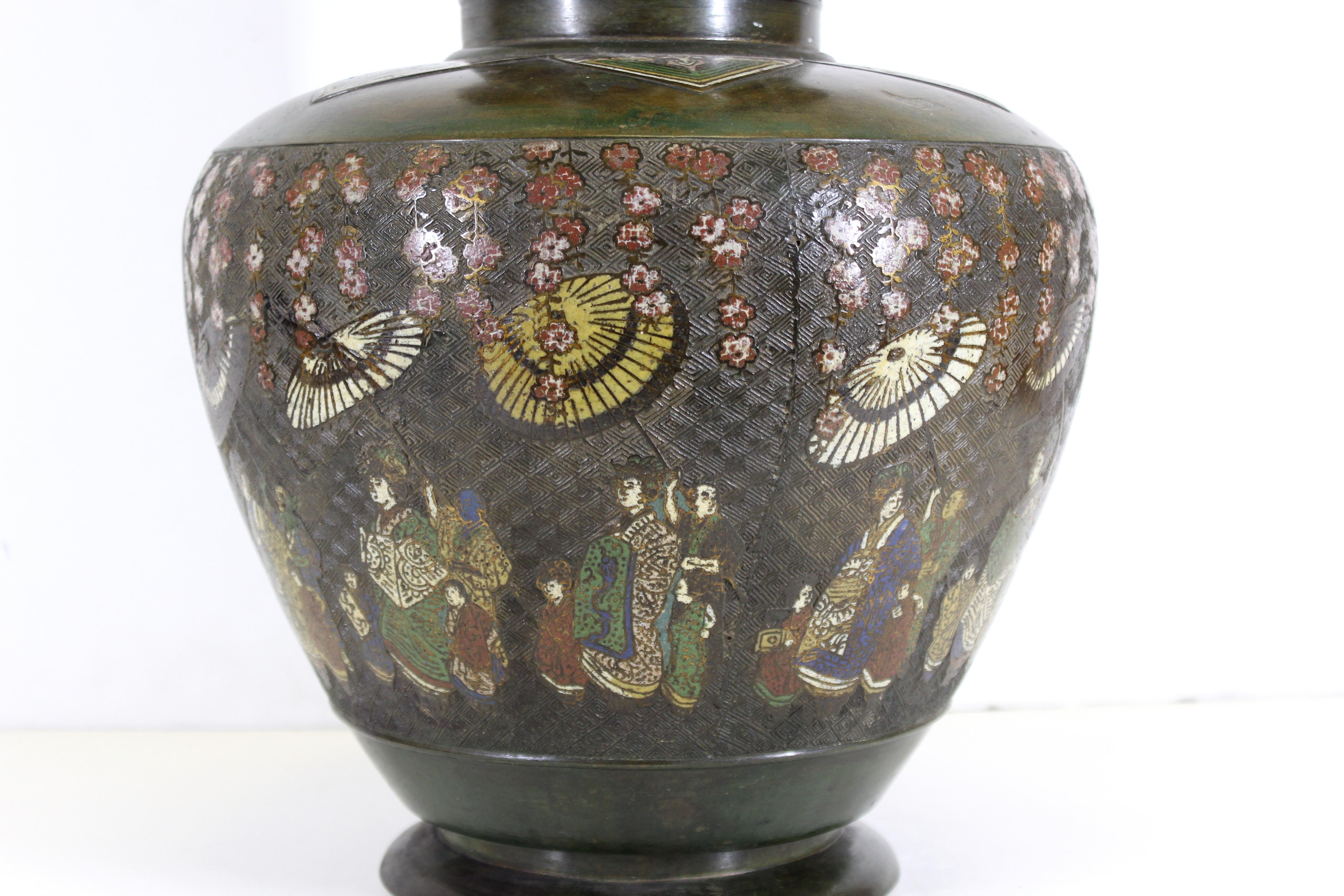 Japanese Meiji Archaic Chinese Revival Bronze Vase with Champlevé Enamel Scenes 2