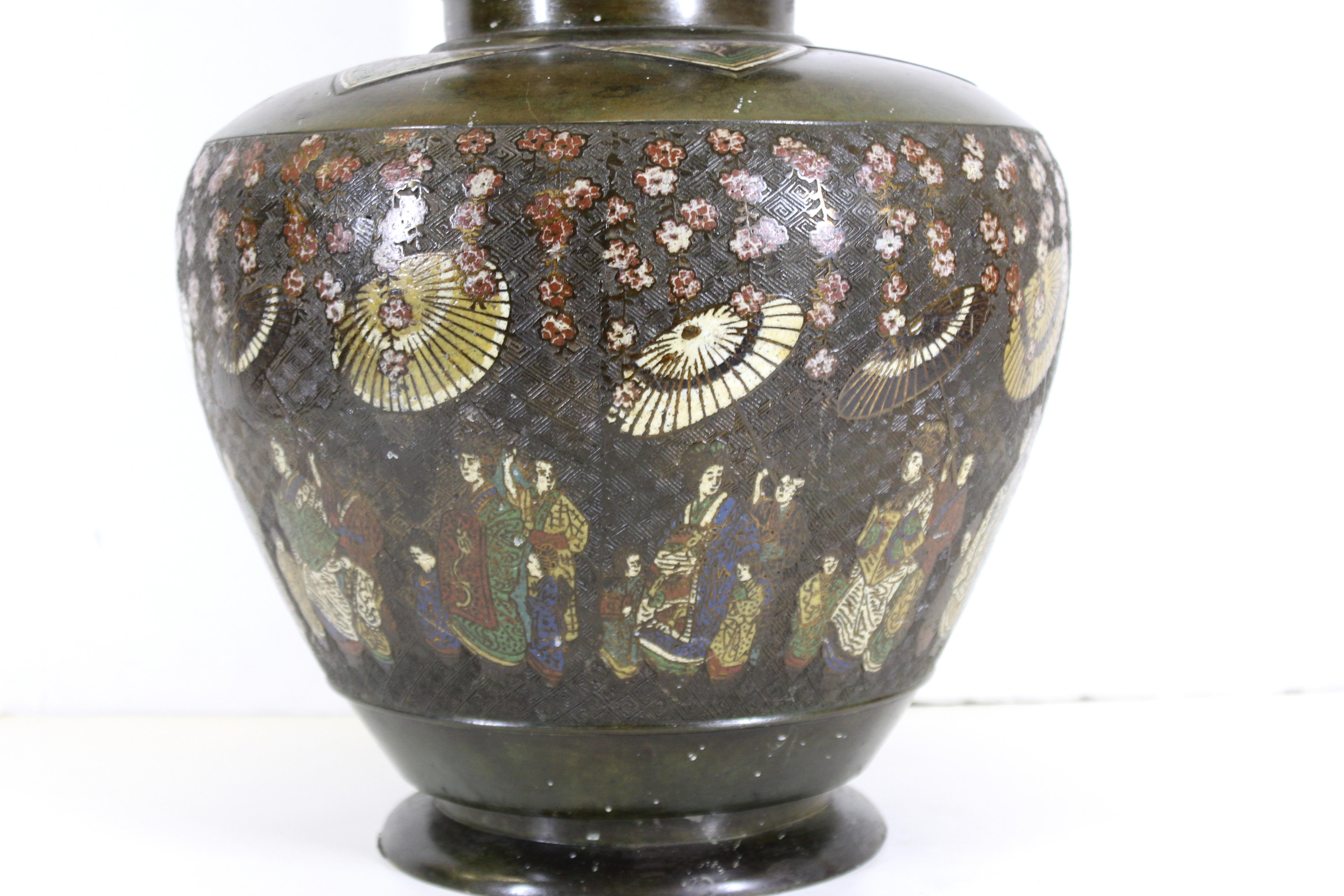 Japanese Meiji Archaic Chinese Revival Bronze Vase with Champlevé Enamel Scenes 3