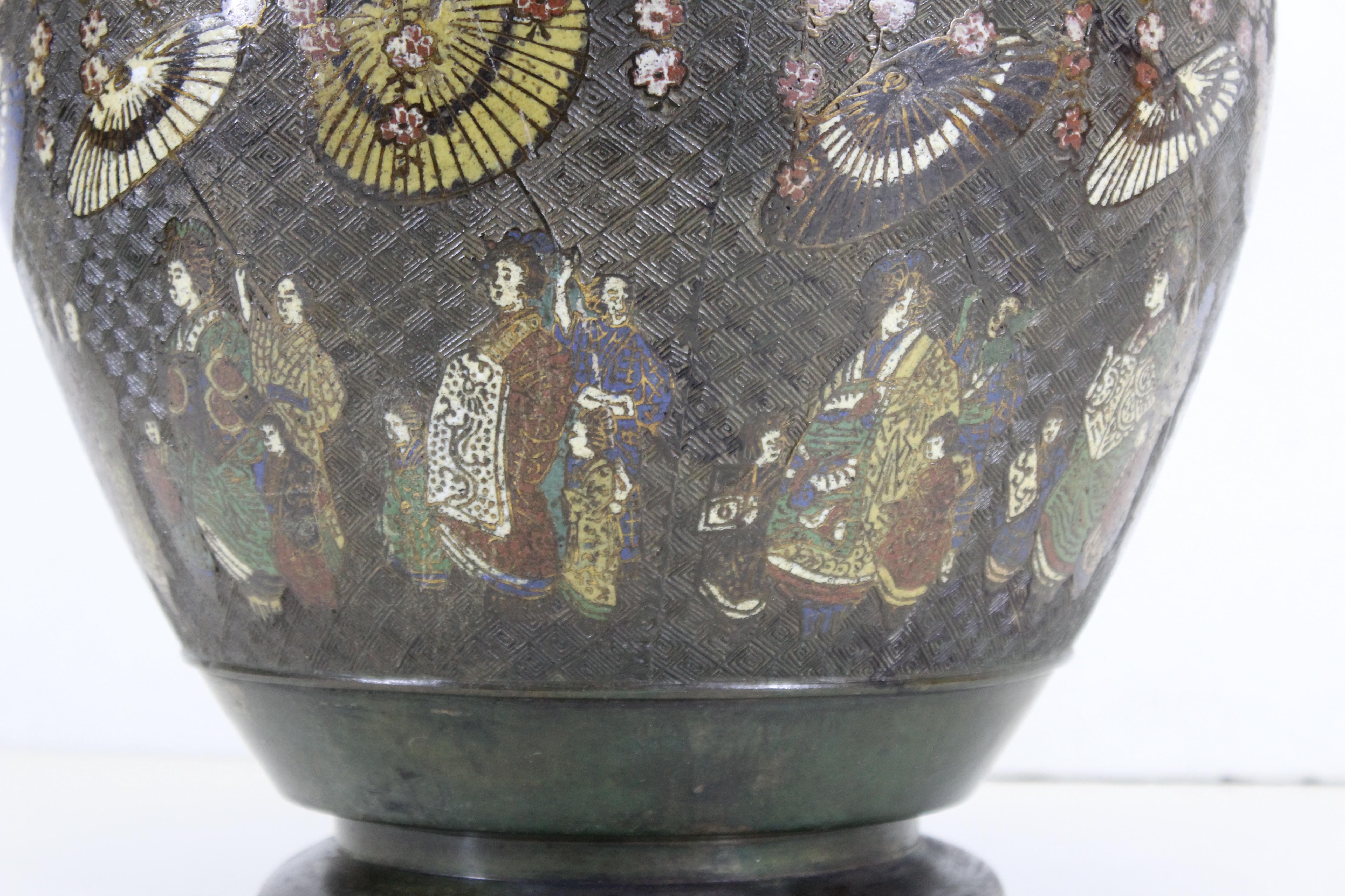 Japanese Meiji Archaic Chinese Revival Bronze Vase with Champlevé Enamel Scenes 4