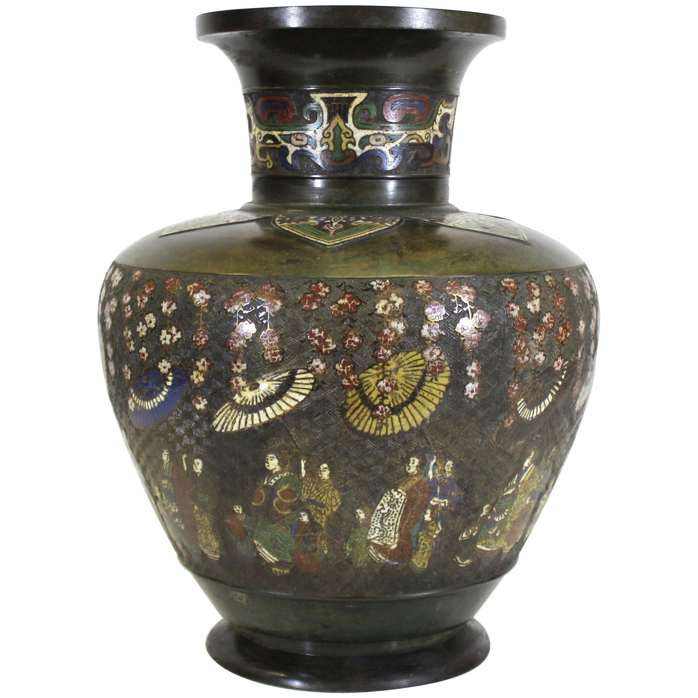 Japanese Meiji Archaic Chinese Revival Bronze Vase with Champlevé Enamel Scenes