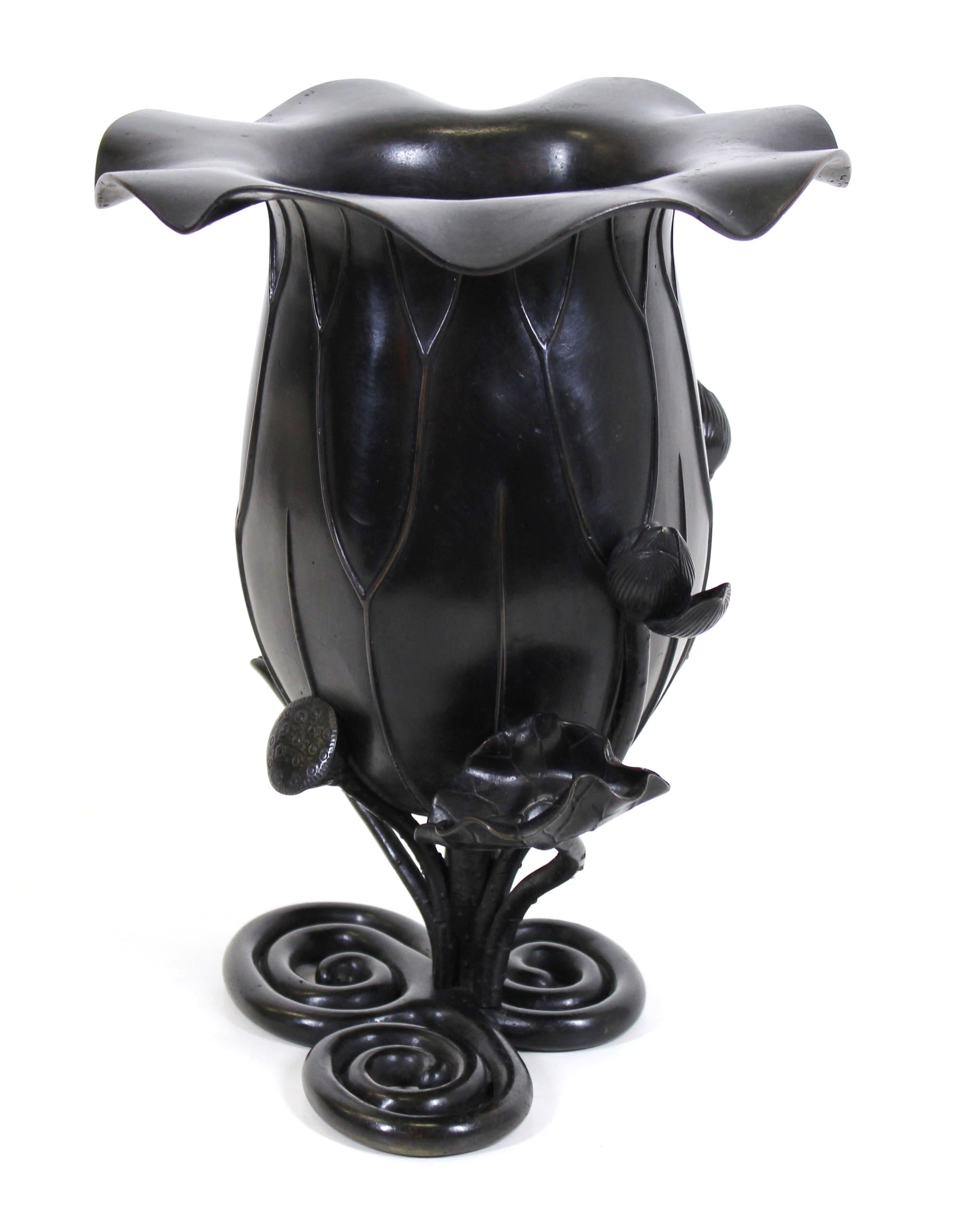 Japanese Meiji Black Bronze Lotus Vase 1