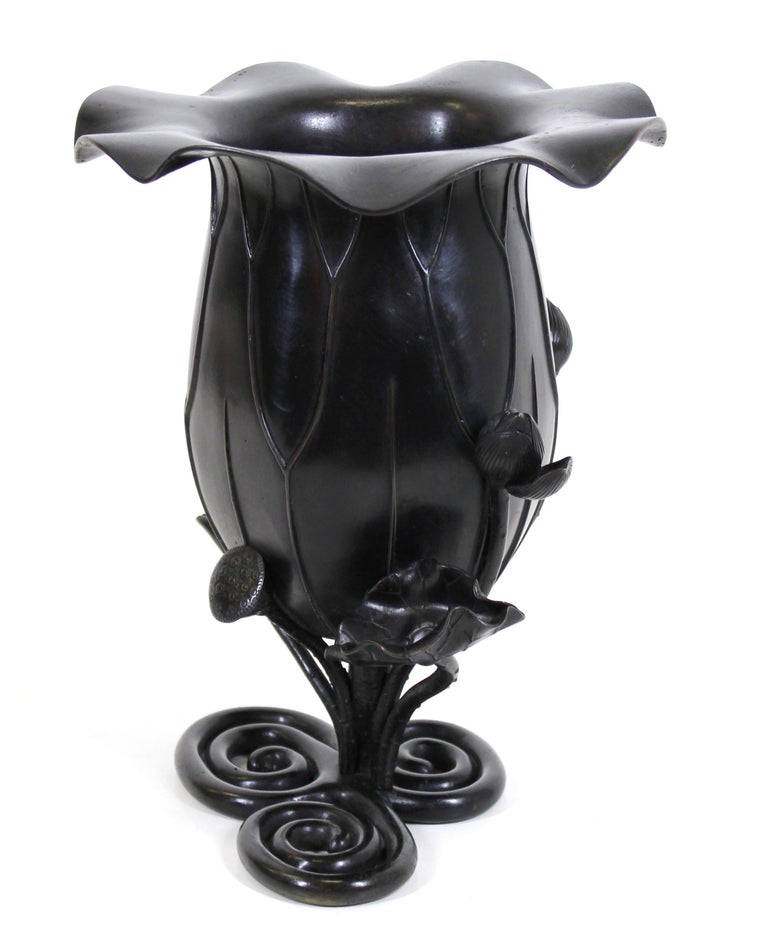 Japanese Meiji Black Bronze Lotus Vase For Sale 1