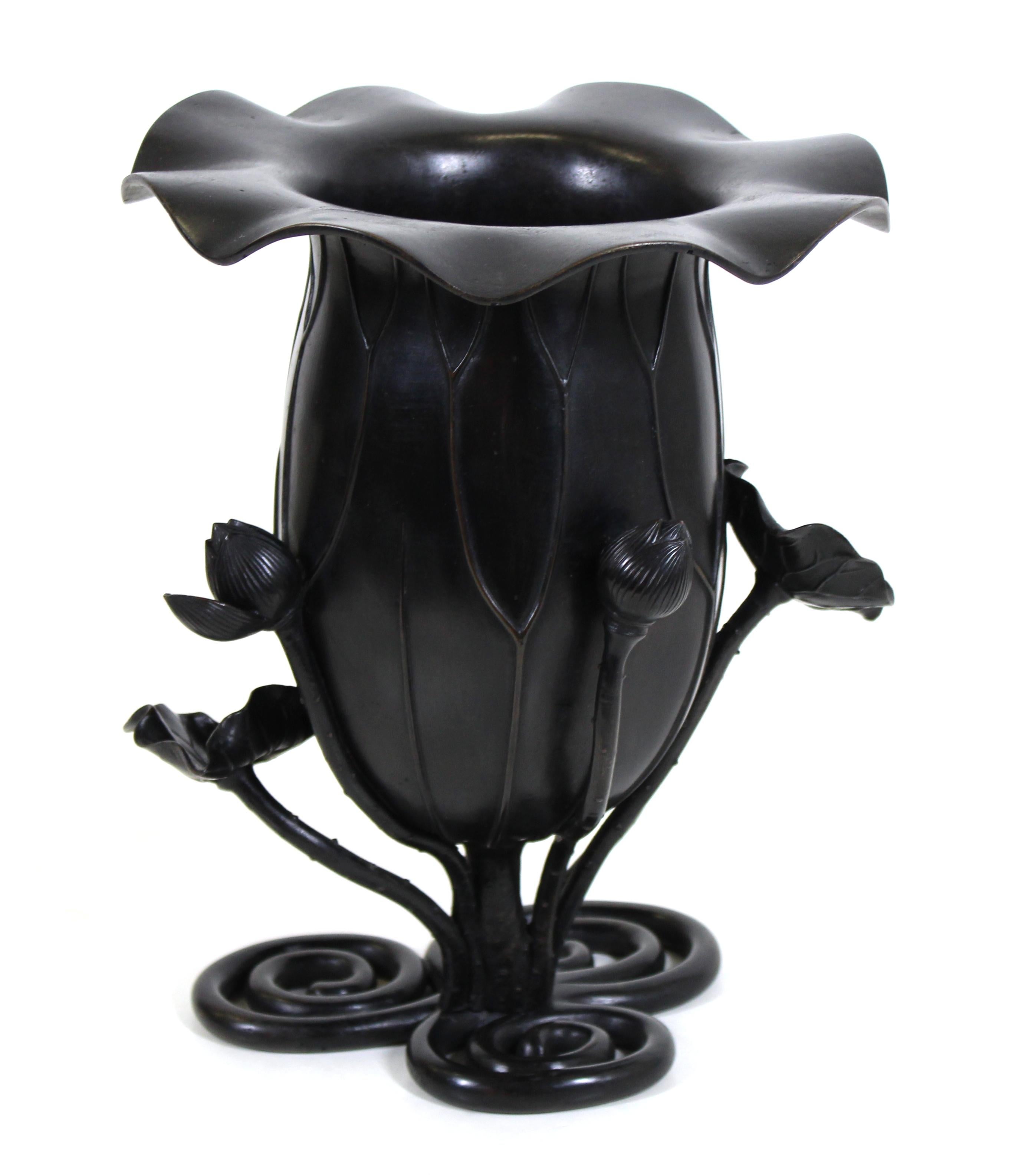 Japanese Meiji Black Bronze Lotus Vase 2