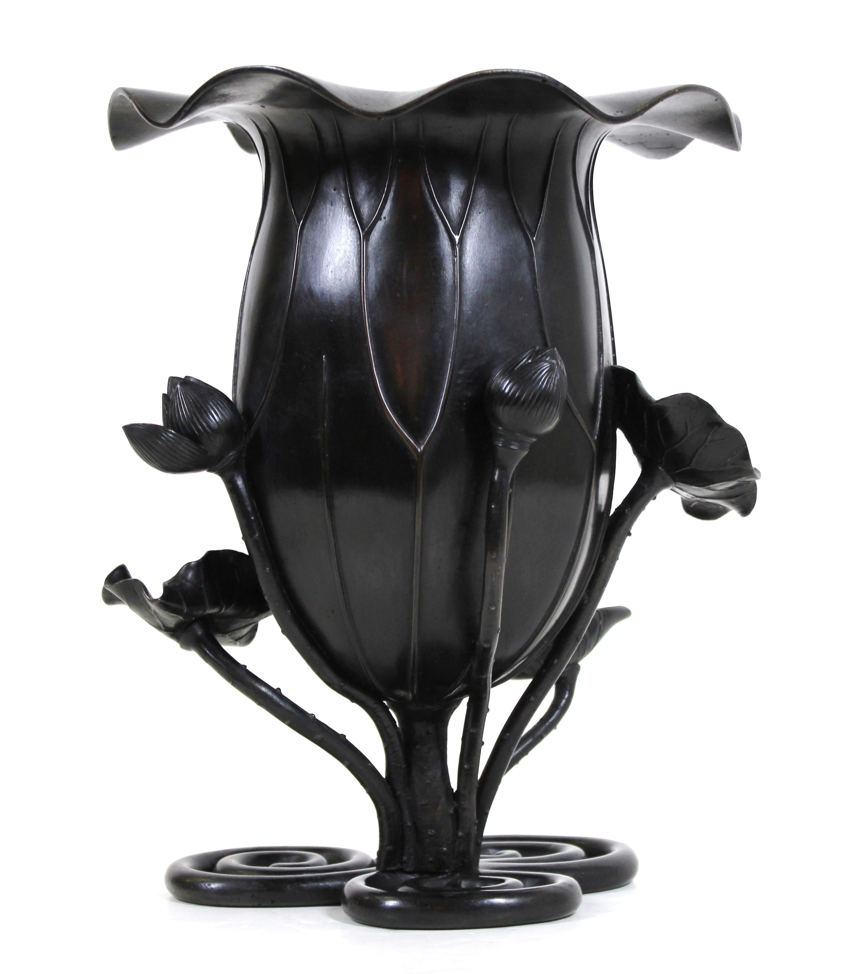 Japanese Meiji Black Bronze Lotus Vase 3