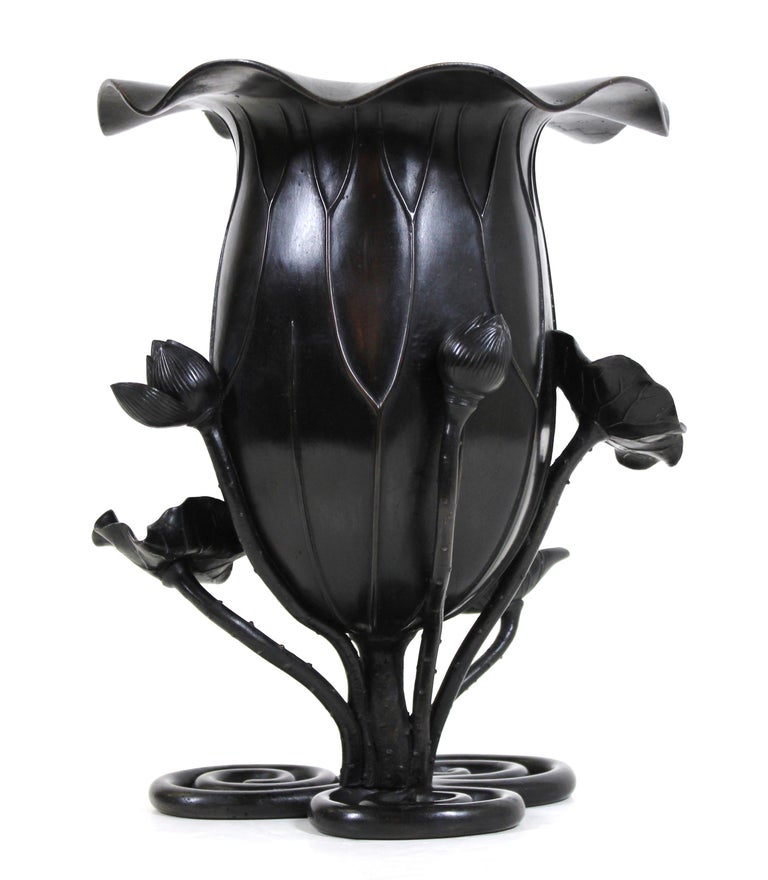 Japanese Meiji Black Bronze Lotus Vase For Sale 3