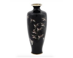 Antique Meiji Japanese Cloisonne Black Enamel 11 Sparrows on Vase