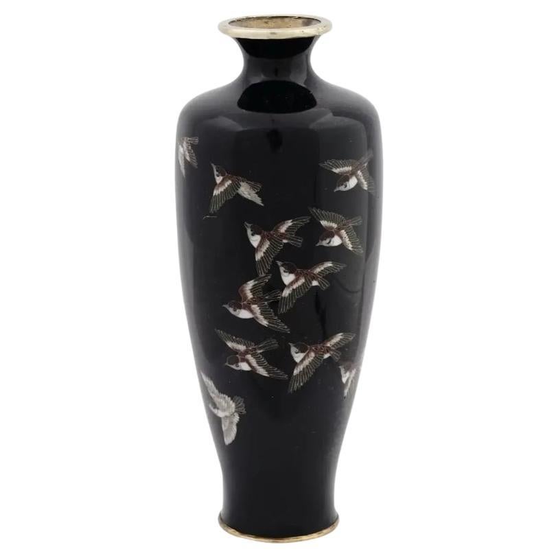 Antique Meiji Japanese Cloisonne Black Enamel 11 Sparrows on Vase For Sale