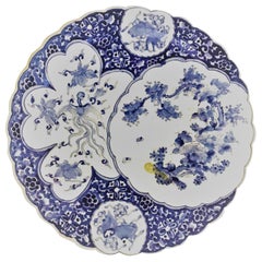 Japanese Meiji Blue and White Scalloped Charger with Fans, Phoenix and Birds