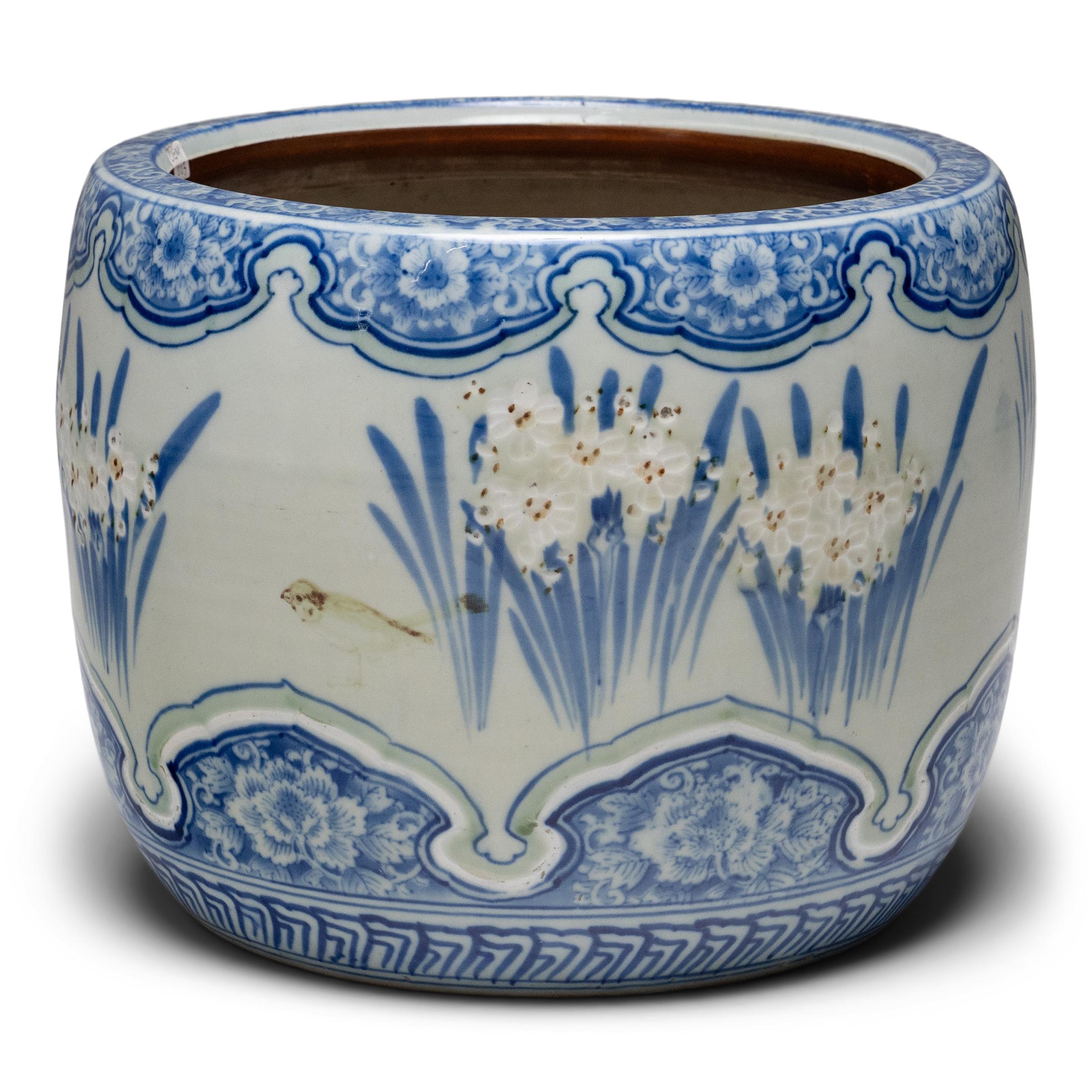 20th Century Japanese Meiji Blue & White Daffodil Hibachi For Sale