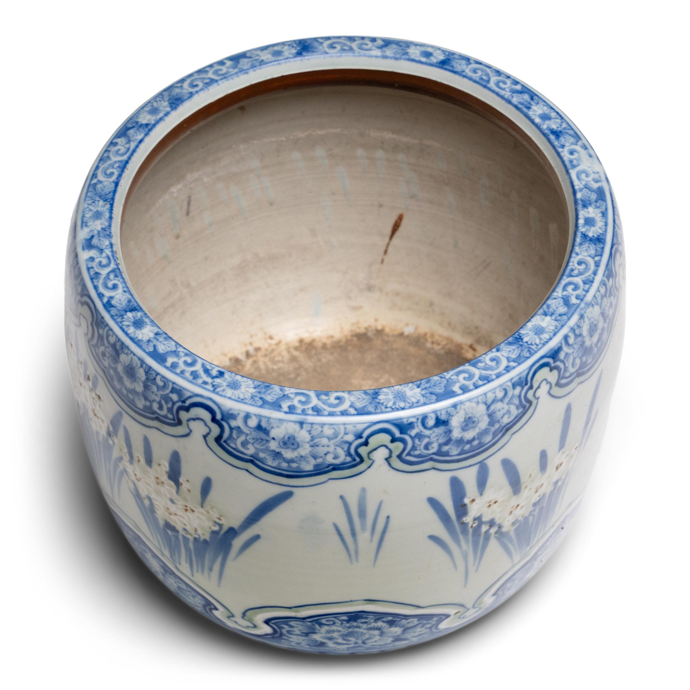 Porcelain Japanese Meiji Blue & White Daffodil Hibachi For Sale