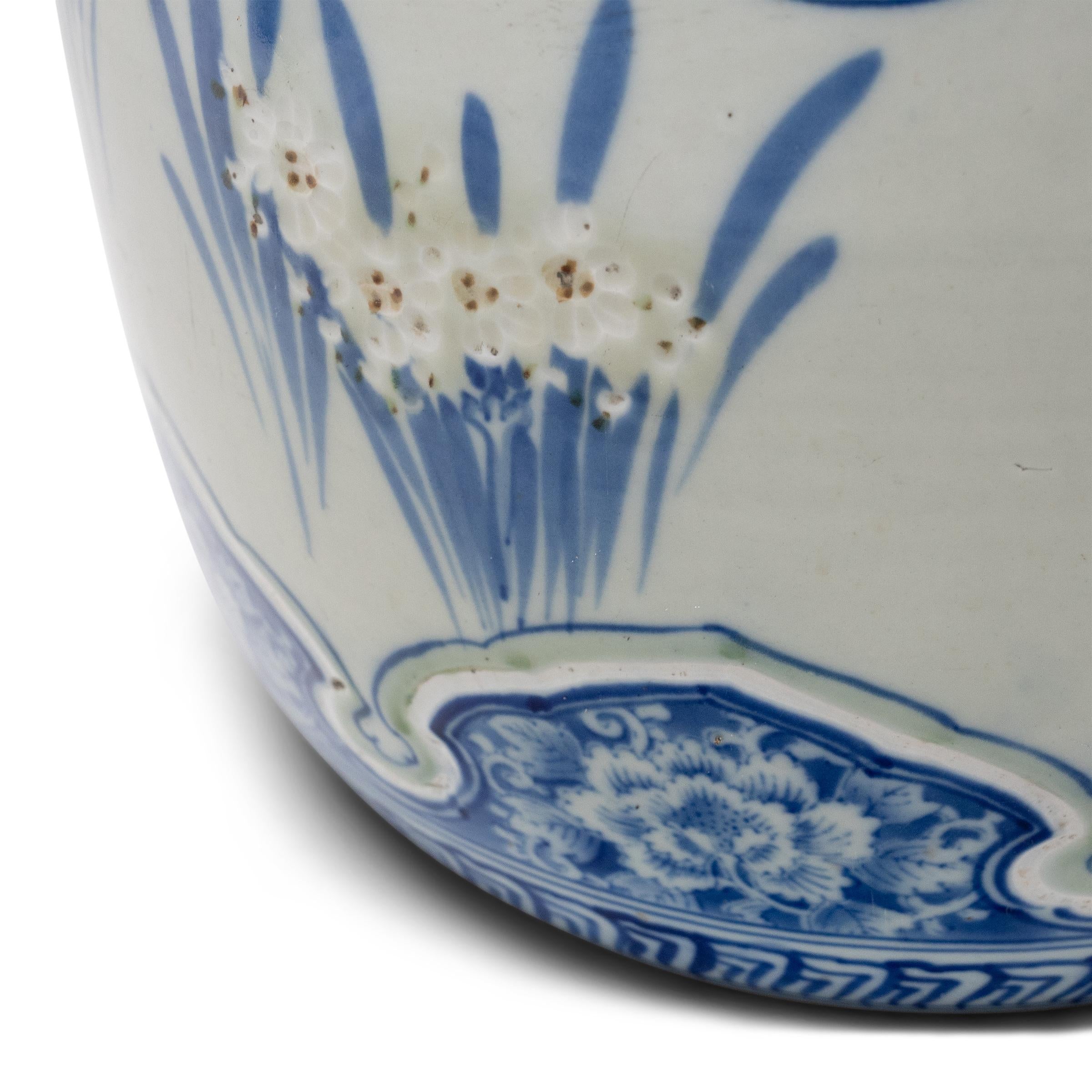 Japanese Meiji Blue & White Daffodil Hibachi For Sale 1