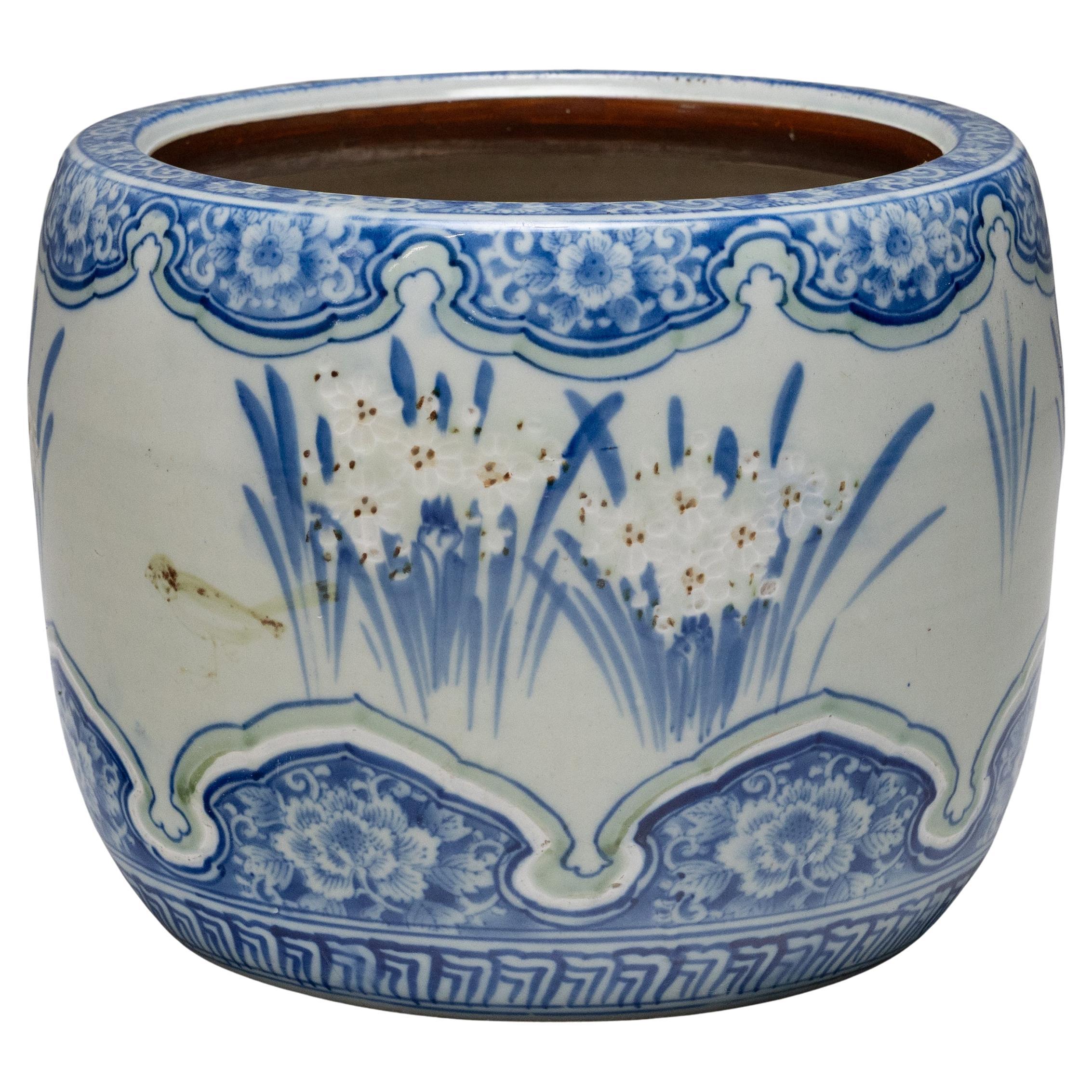 Japanese Meiji Blue & White Daffodil Hibachi