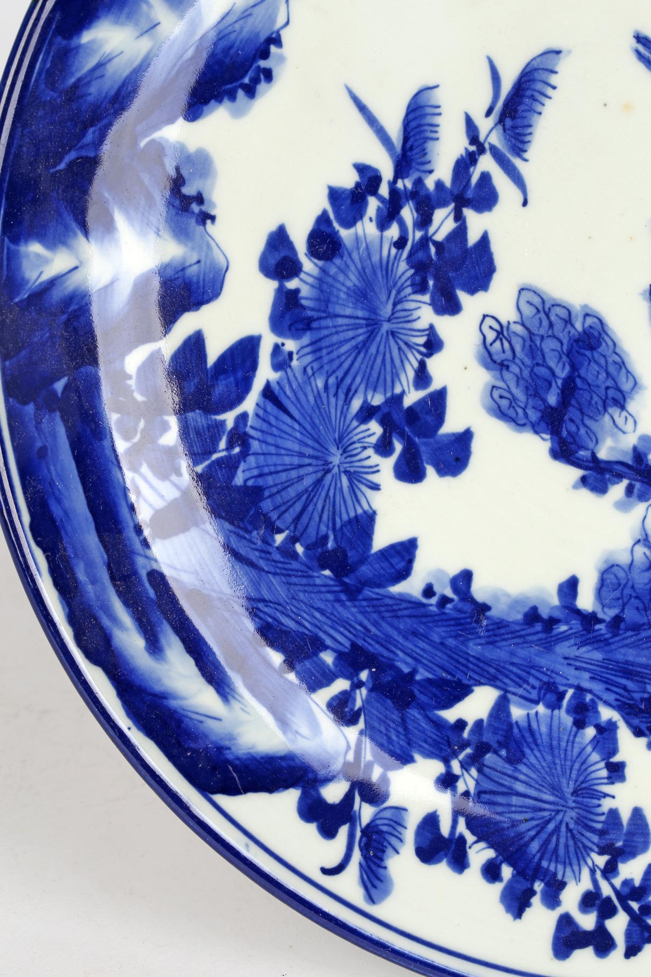 Japanese Meiji Blue & White Landscape with Bird Painted Porcelain Plate 3