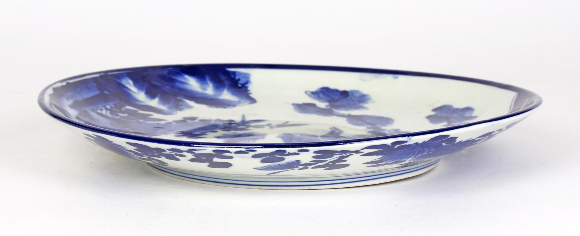 Japanese Meiji Blue & White Landscape with Bird Painted Porcelain Plate 7