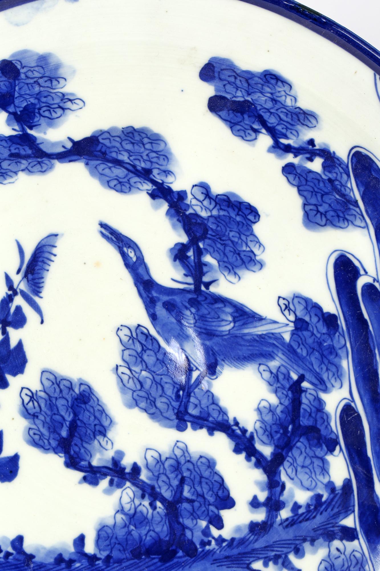 Japanese Meiji Blue & White Landscape with Bird Painted Porcelain Plate 1