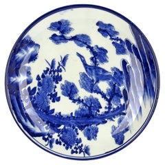 Japanese Meiji Blue & White Landscape with Bird Painted Porcelain Plate
