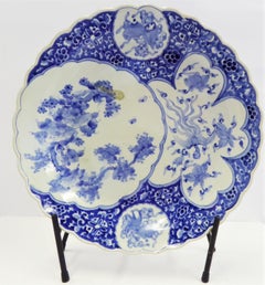Japanese Meiji Blue and White Scalloped Charger with Fans, Phoenix and Birds