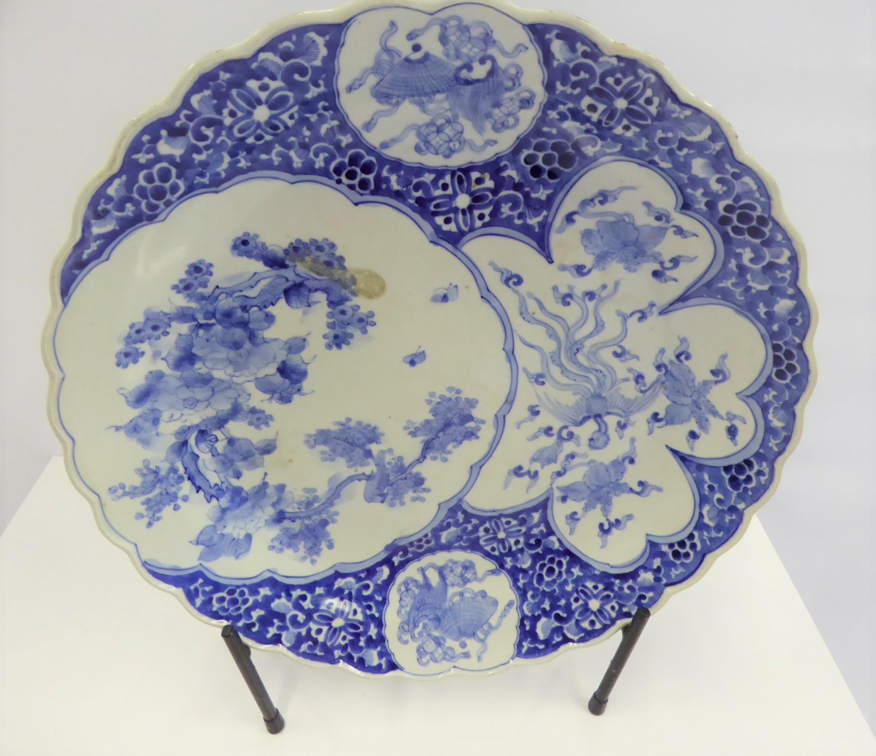 Japonisme Japanese Meiji Blue and White Scalloped Charger with Fans, Phoenix and Birds