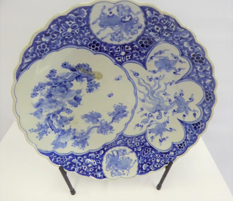 Japonisme Japanese Meiji Blue and White Scalloped Charger with Fans, Phoenix and Birds For Sale