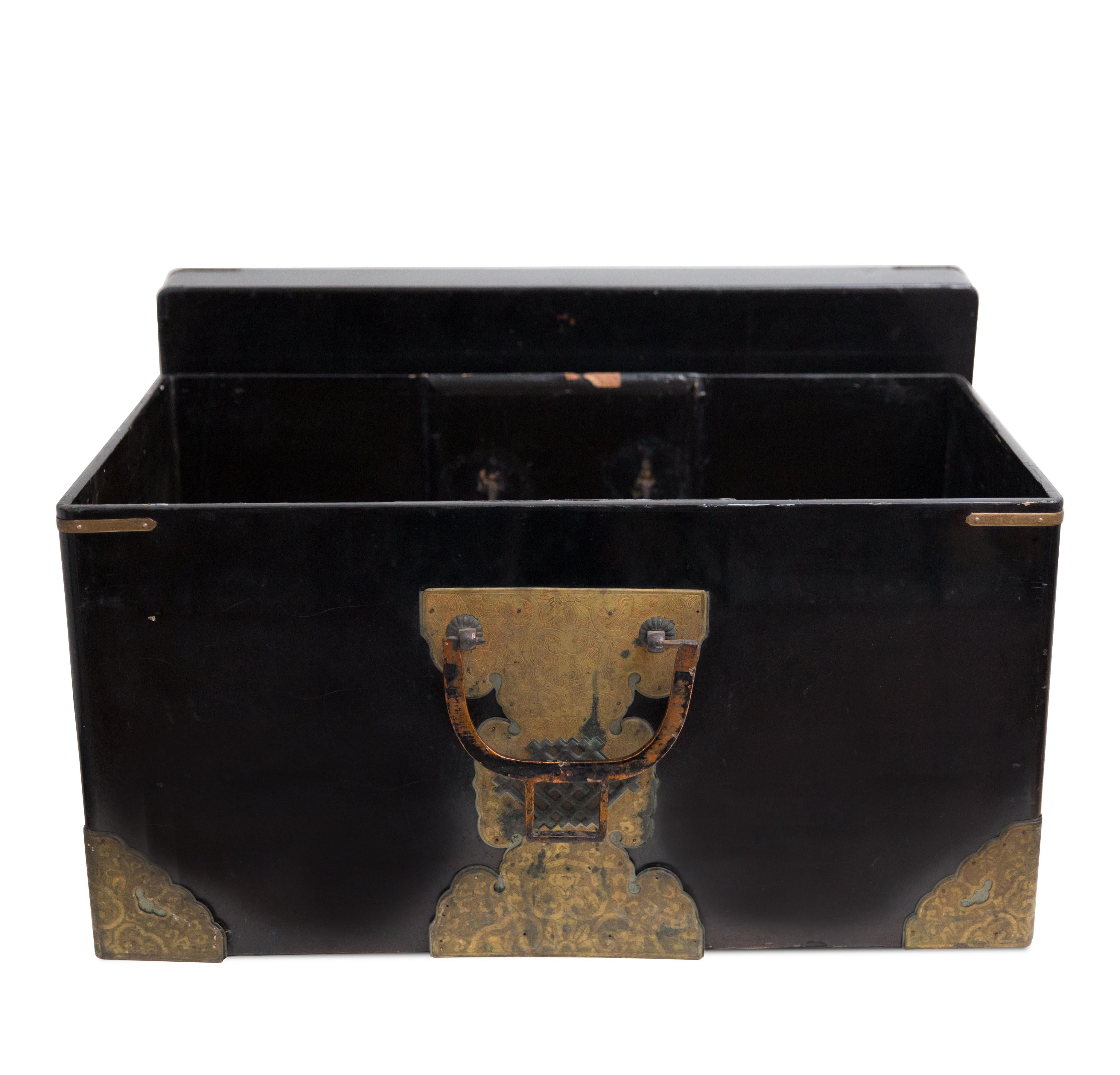 Japanese Meiji Brass Decorated Lacquered Wood Traveling Chest In Fair Condition In Hudson, NY