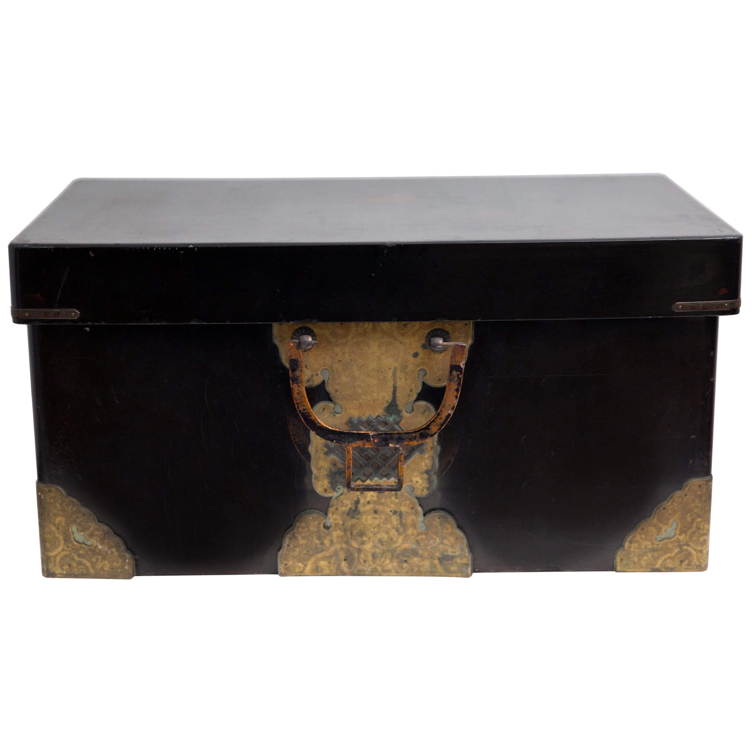 Japanese Meiji Brass Decorated Lacquered Wood Traveling Chest